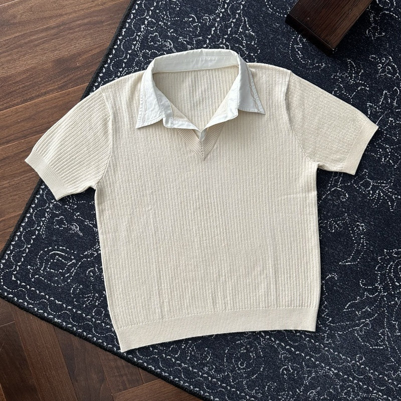 CATSSTAC_Soft_Modal_Loose_Fit_Faux_Two_Piece_Turndown_Collar_Unisex_Short_Sleeve_T-Shirts_MISSTT