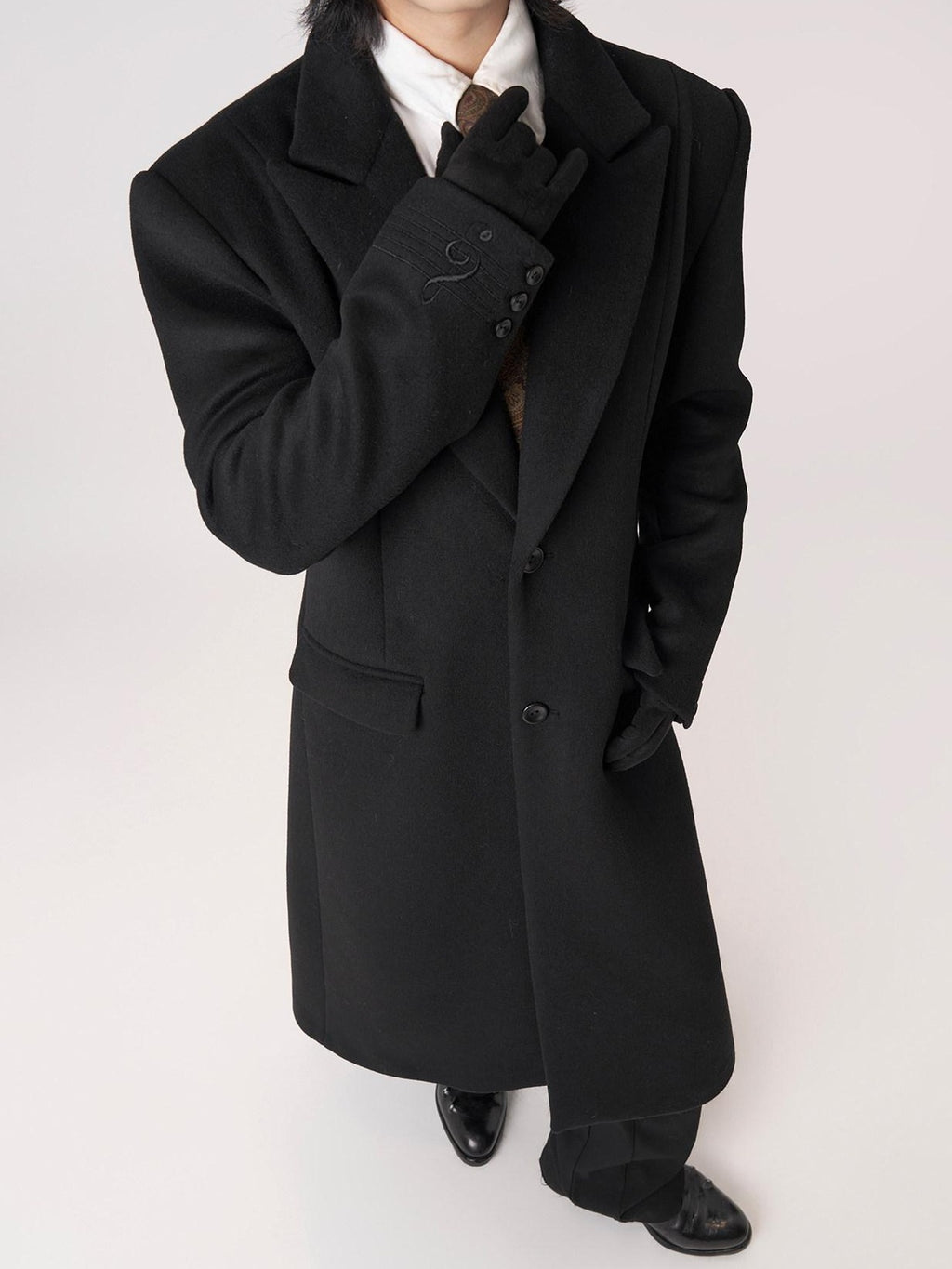 BALITONE Warm Wool Blend Embroidered Button Slim Long Unisex Urban Black Lapel Overcoats
