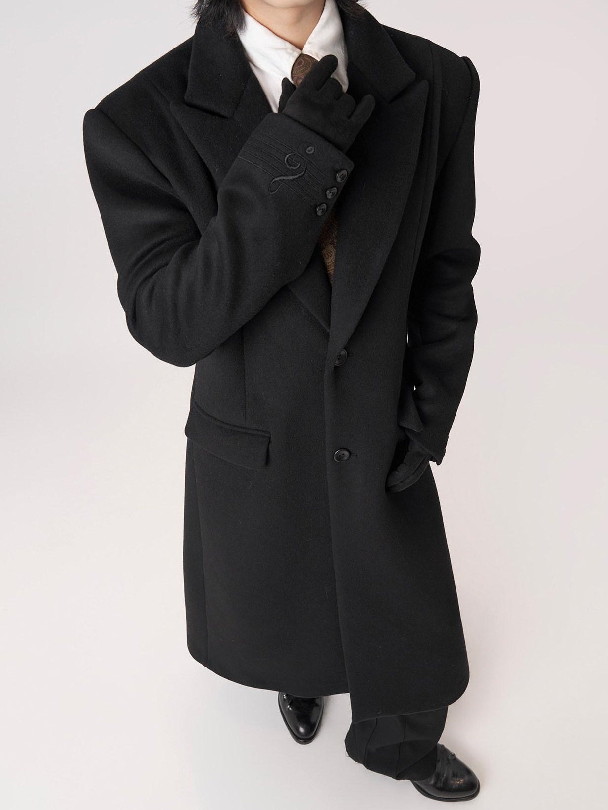 BALITONE Warm Wool Blend Embroidered Button Slim Long Unisex Urban Black Lapel Overcoats