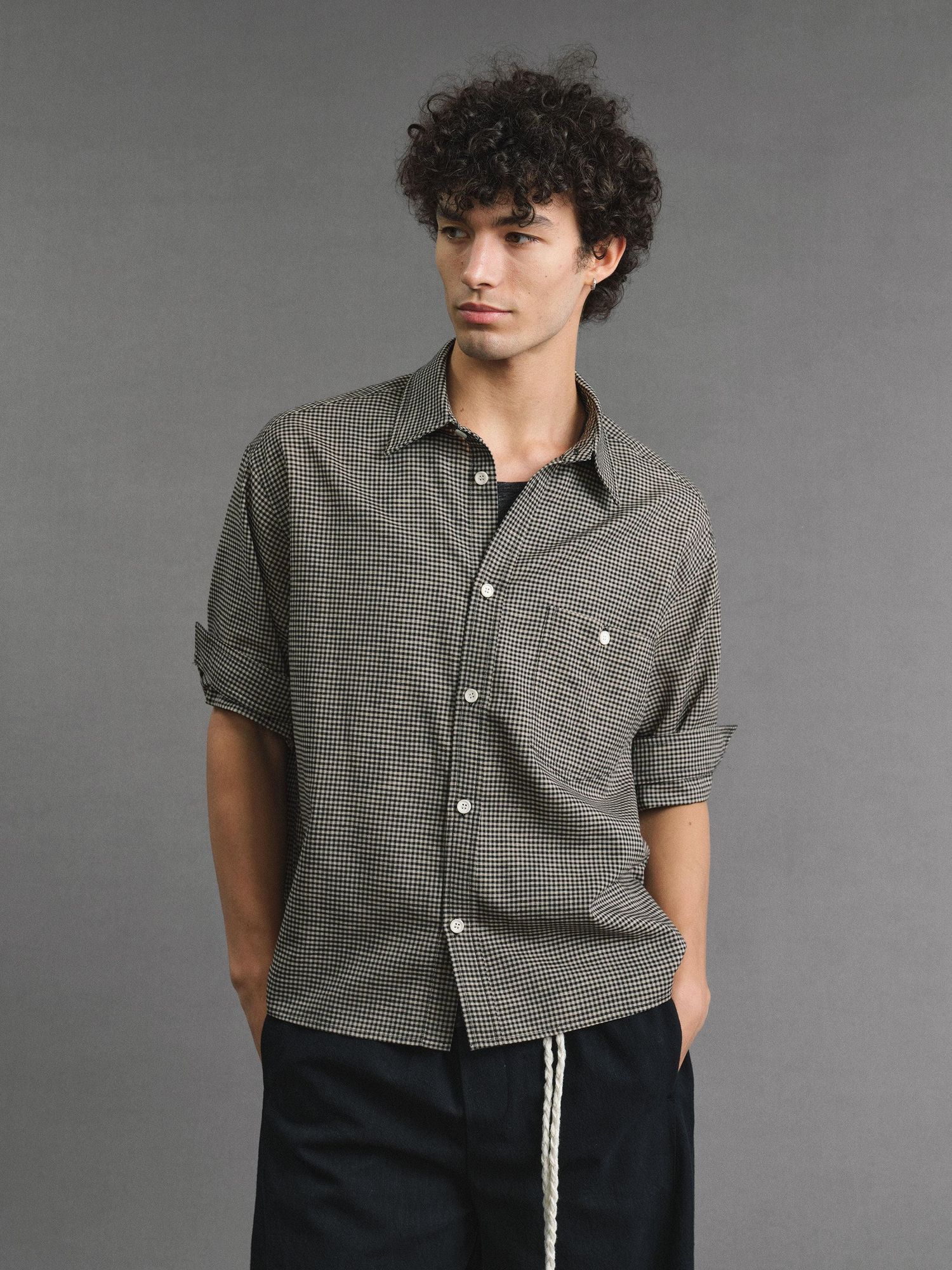 VLABMADE Breathable Hand Pleated Lyocell Blend Houndstooth Unisex Short Sleeve Shirts