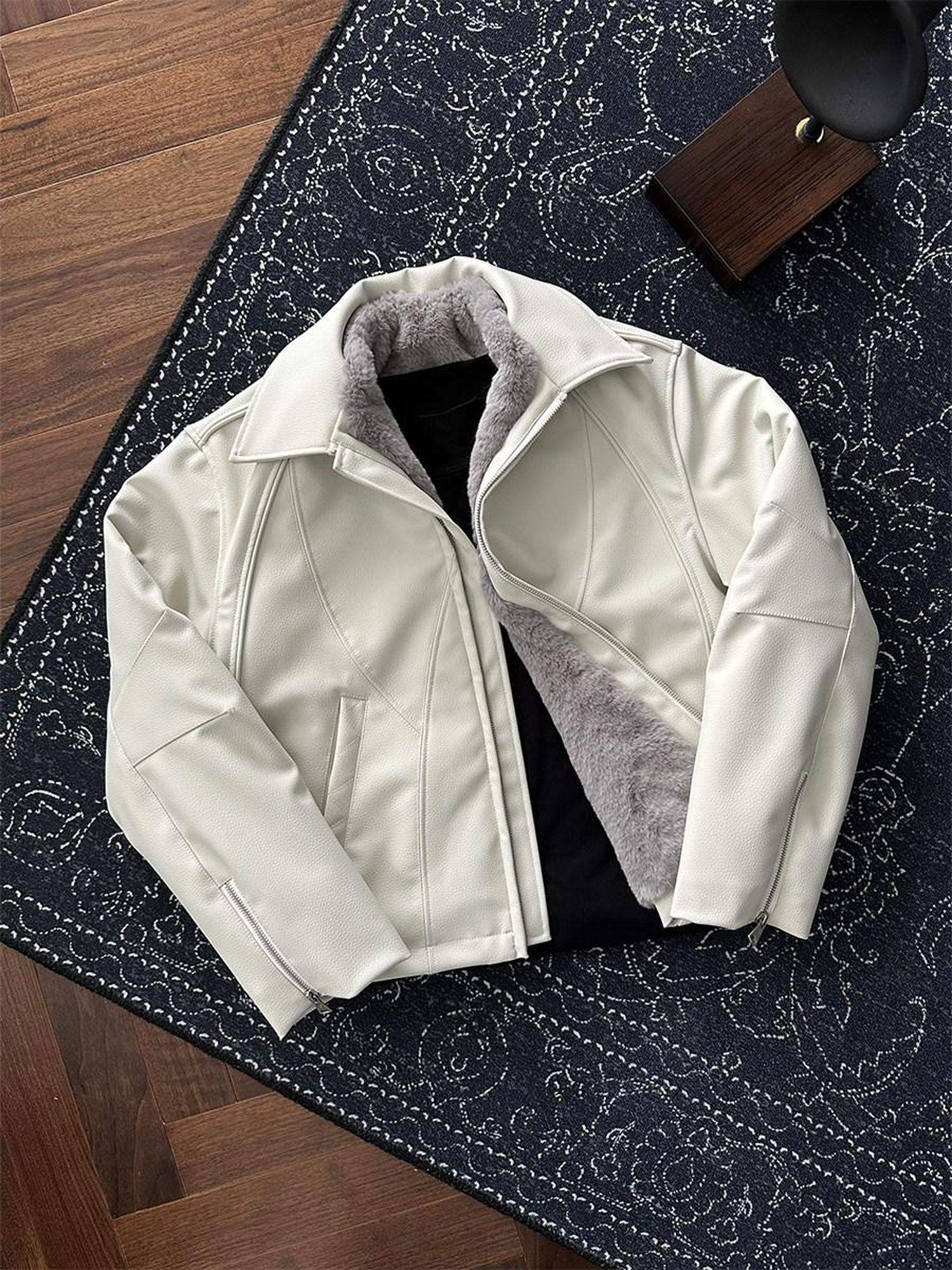 CATSSTAC Oversized Mountain Embossed Lapel Zip Casual Unisex Thick Leather Jackets