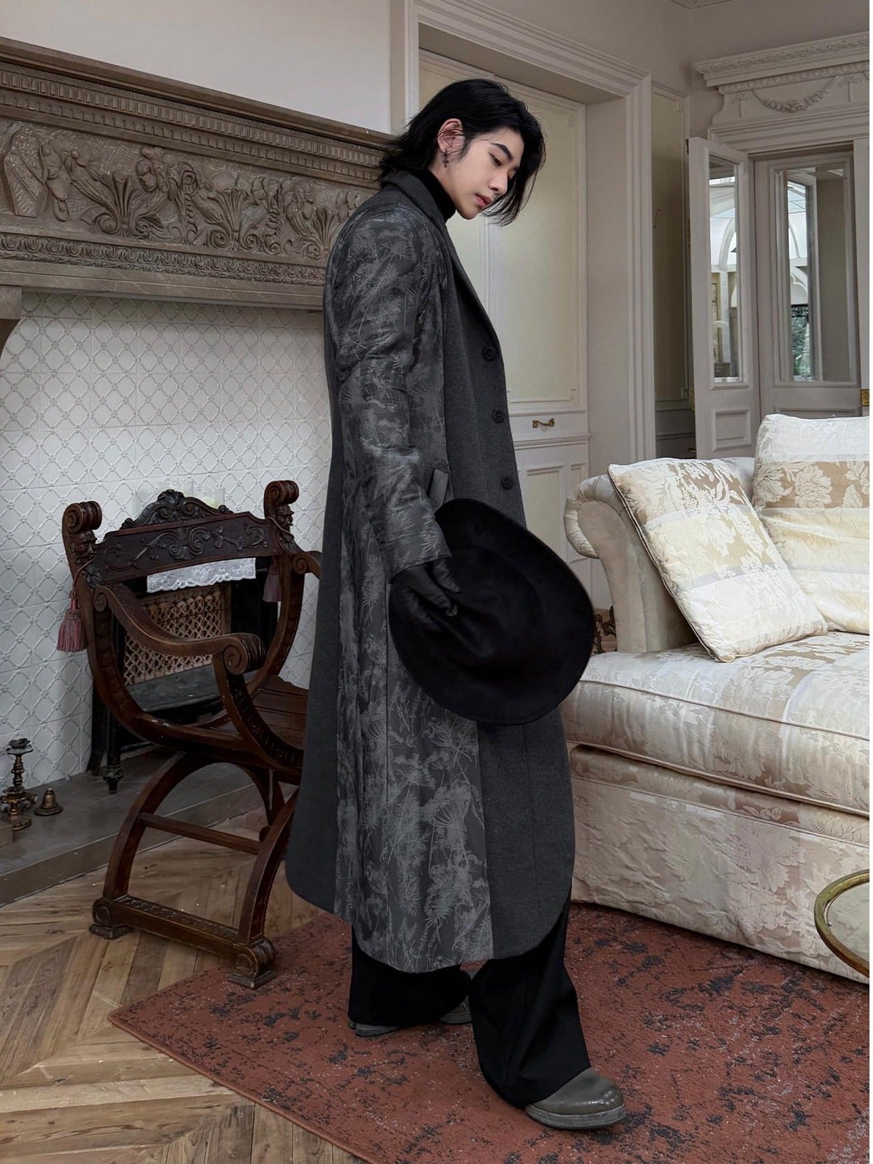 BALITONE Wrinkle Free Slim Fit Irregular Hem Blazer Collar Trendy Deep Gray Wool Coats
