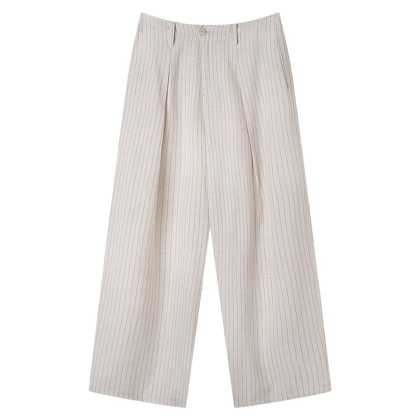 BALITONE_White_Striped_Pleated_Viscose_Linen_Micro_Stretch_Straight-Leg_Casual_Trousers_MISSTT