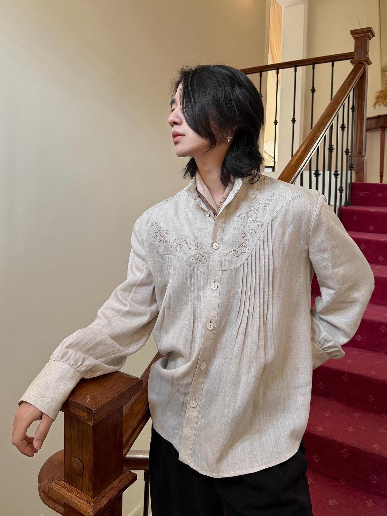 BALITONE Lyocell Linen Embroidered Pleated Regal Stand Collar Unisex Band-Collar Shirts
