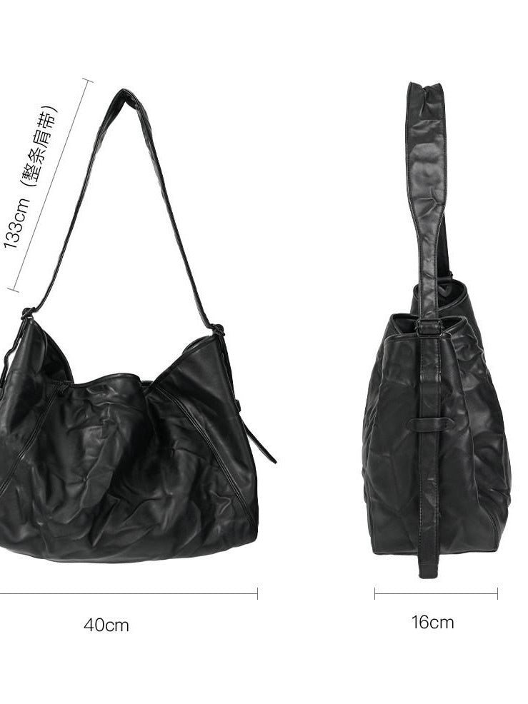 4JUNKS Ruched Soft Pu Korean Style Casual Youth Single Strap Zip Black Crossbody Bags