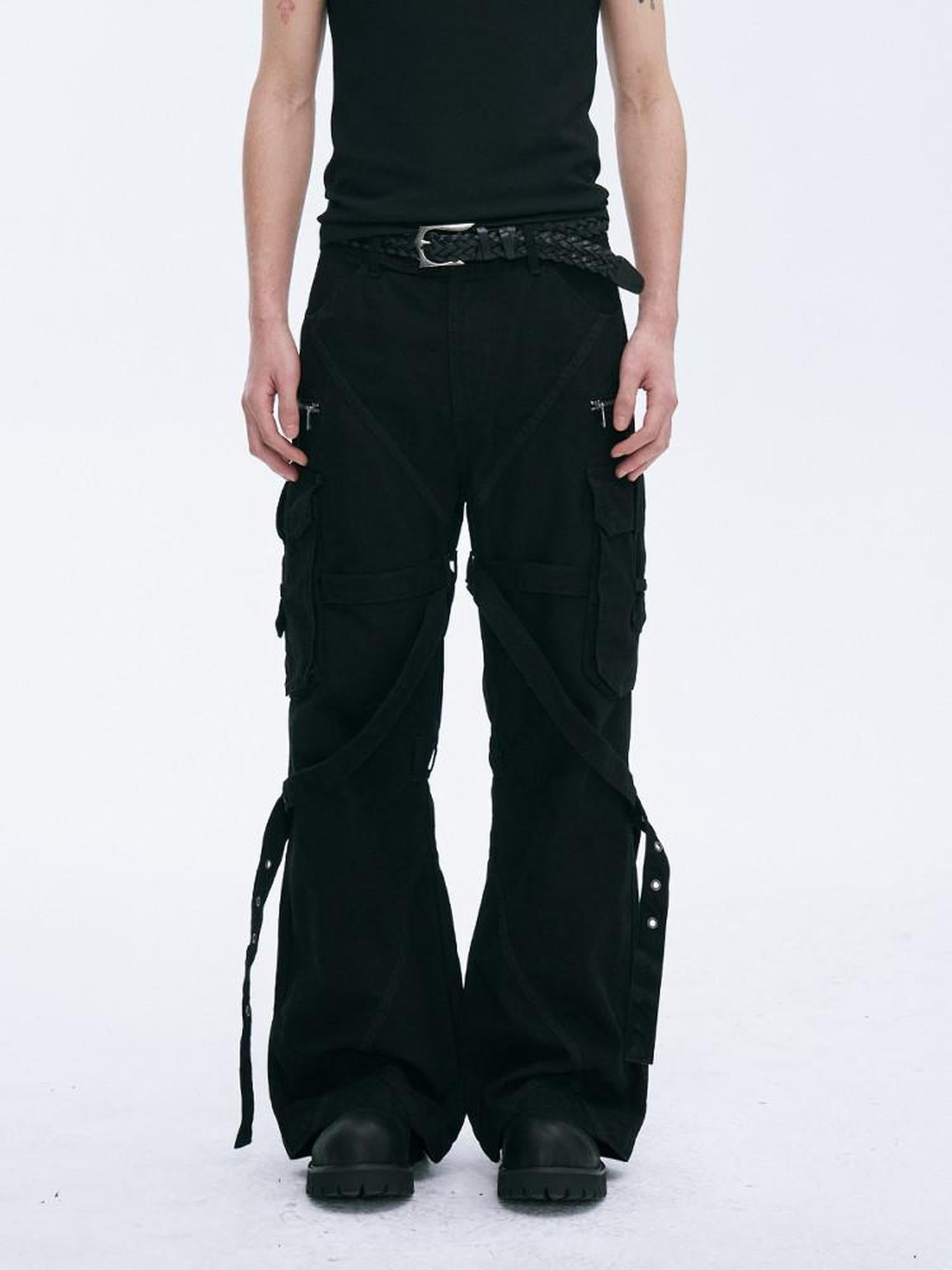 CATSSTAC Tie Detail Button Fly Loose Youth Casual Black Straight Pants