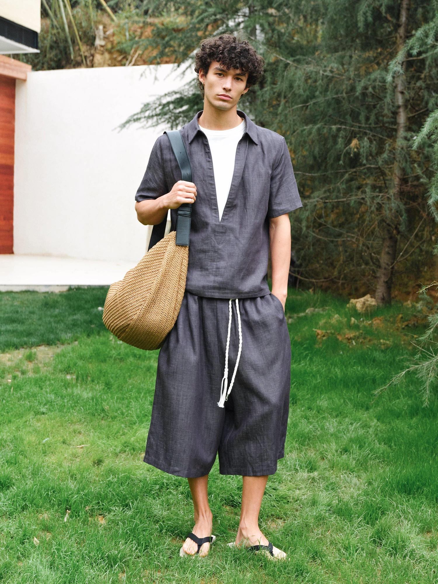 VLABMADE Breathable Lyocell Blend Loose Drawstring Elastic Waist Unisex Blue Linen Shorts