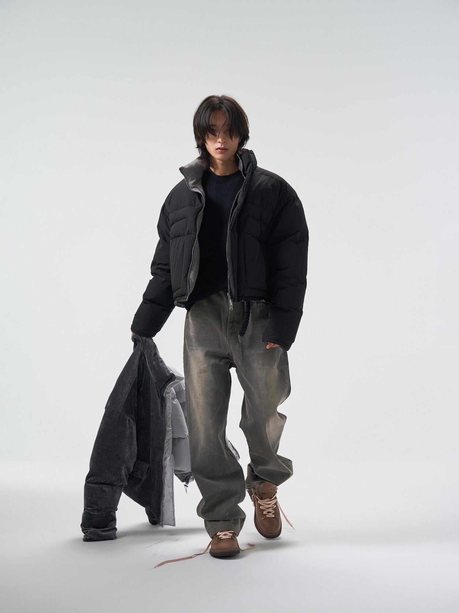 4JUNKS 90 Percent White Down Insulated Short Houndstooth Stand Collar Men Down Jackets