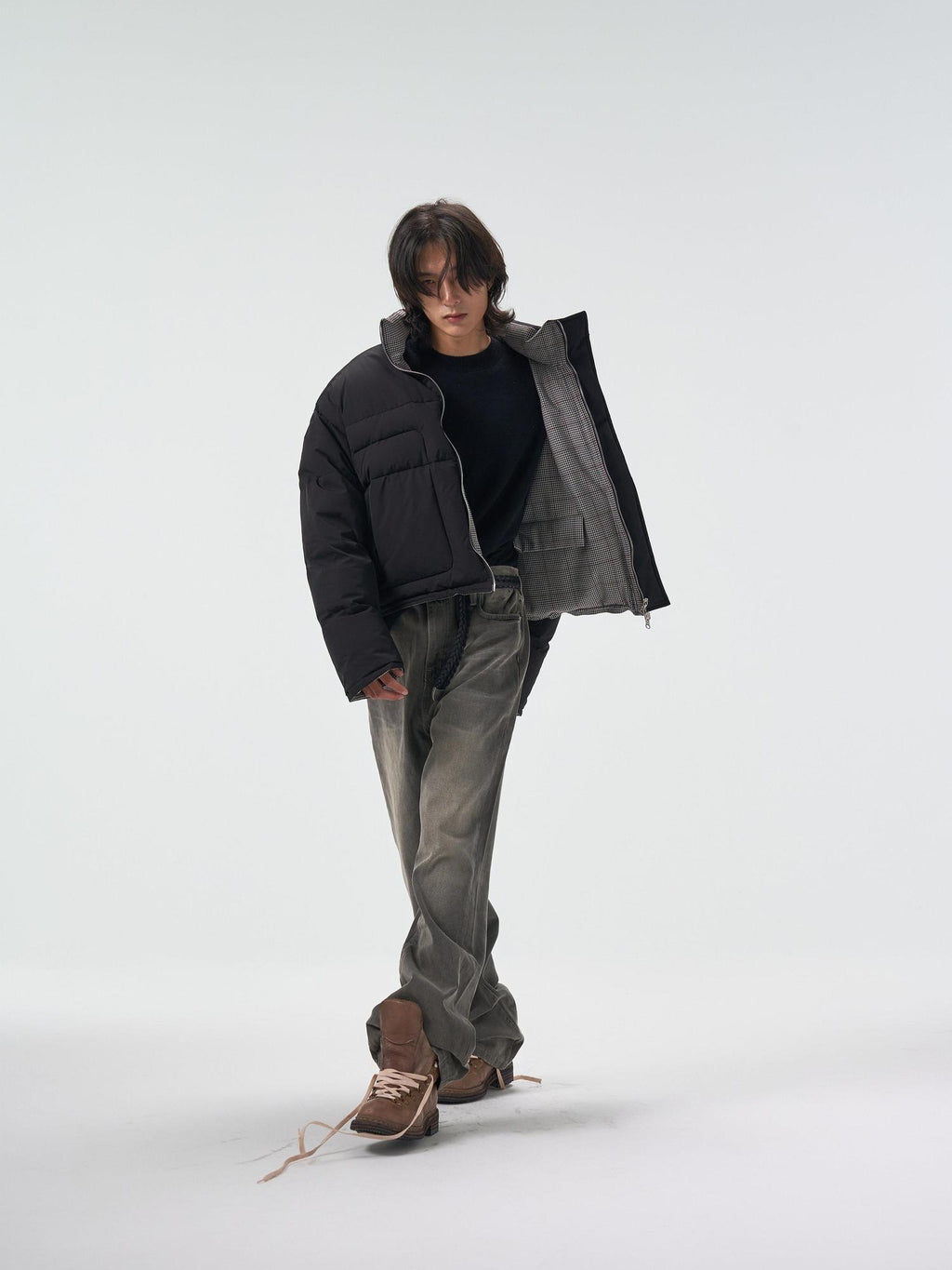 4JUNKS 90 Percent White Down Insulated Short Houndstooth Stand Collar Men Down Jackets