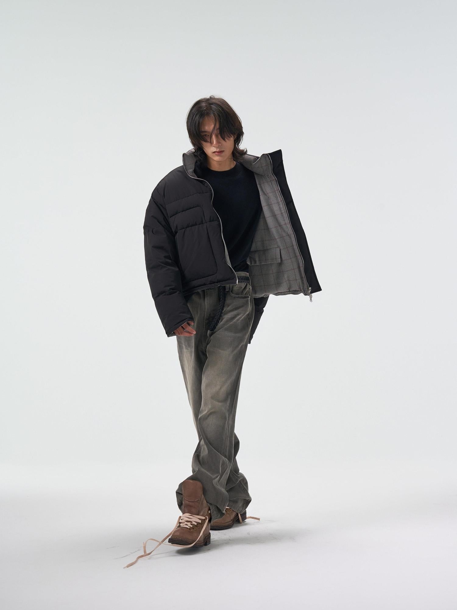 4JUNKS 90 Percent White Down Insulated Short Houndstooth Stand Collar Men Down Jackets