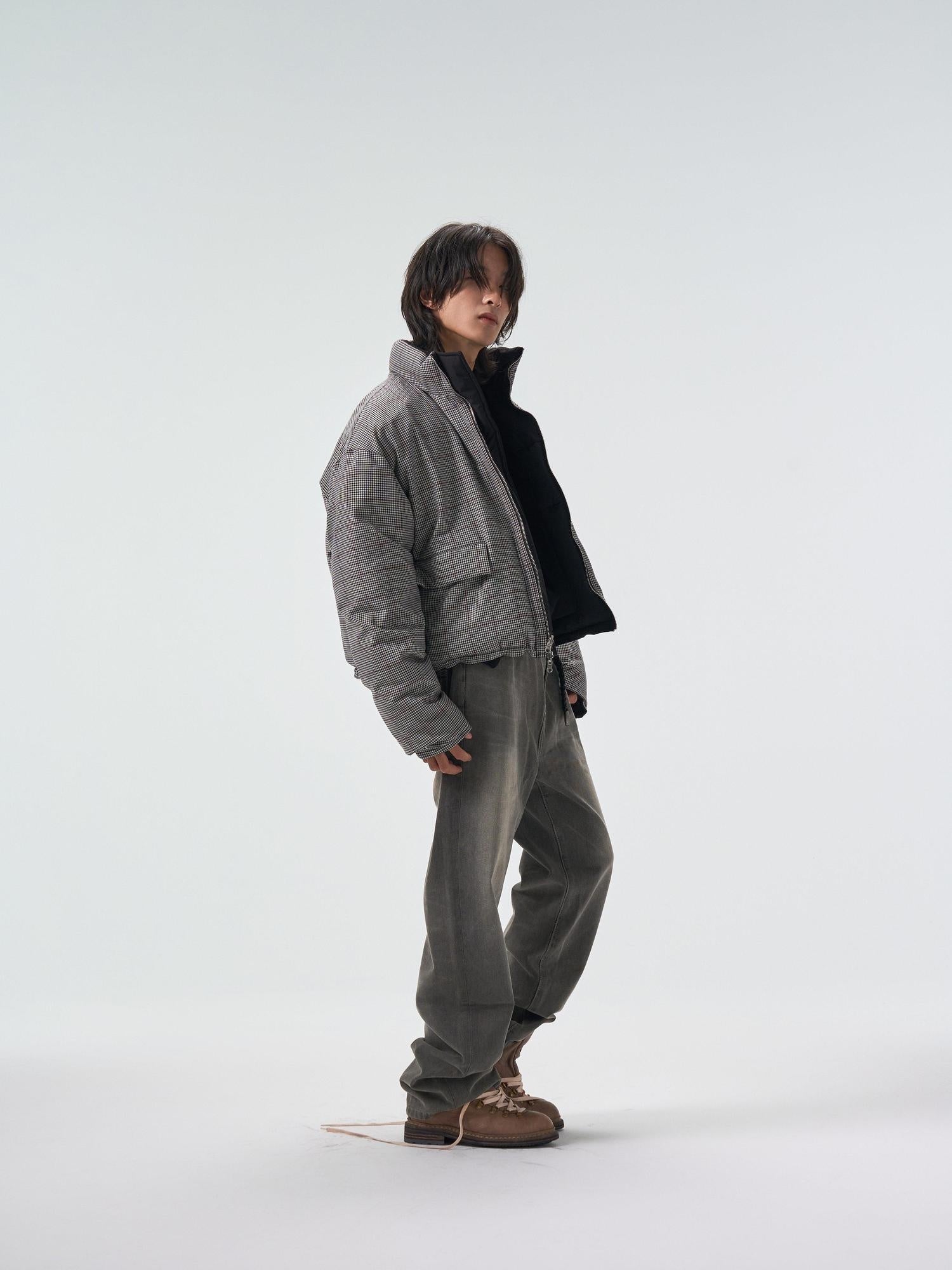 4JUNKS 90 Percent White Down Insulated Short Houndstooth Stand Collar Men Down Jackets
