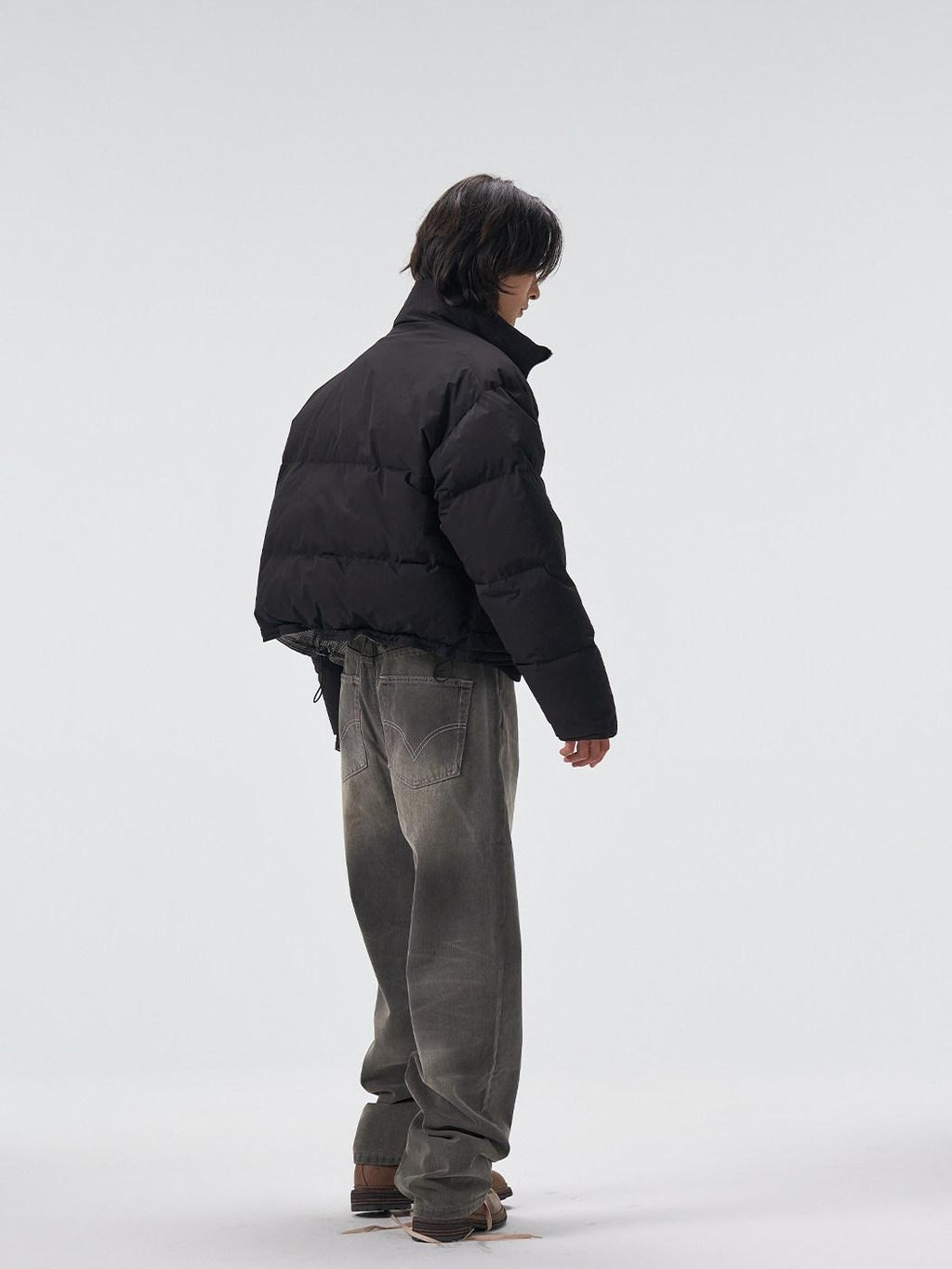 4JUNKS 90 Percent White Down Insulated Short Houndstooth Stand Collar Men Down Jackets