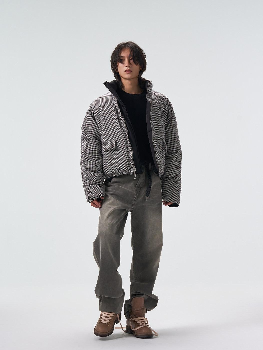 4JUNKS 90 Percent White Down Insulated Short Houndstooth Stand Collar Men Down Jackets