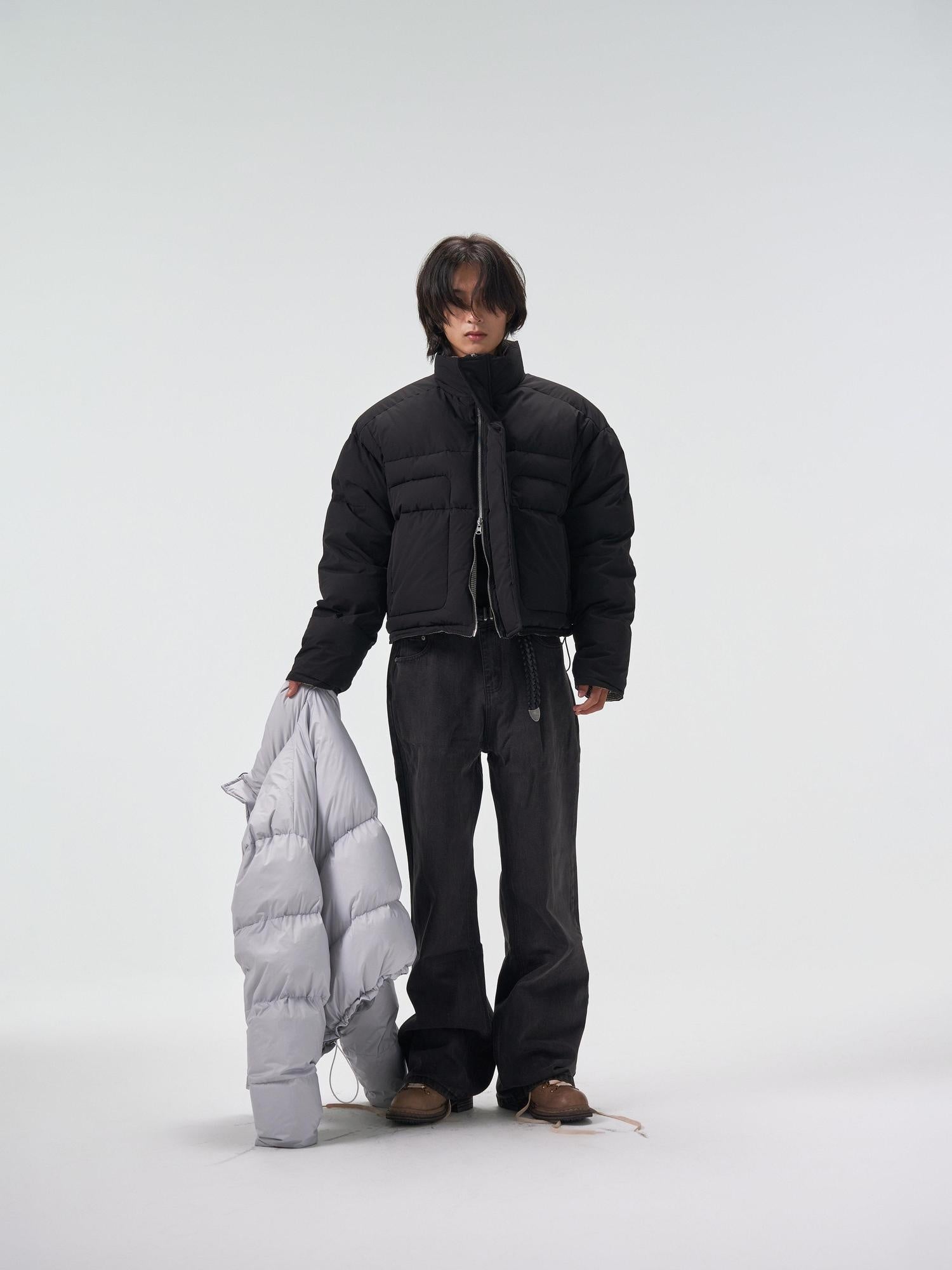 4JUNKS 90 Percent White Duck Down Short Houndstooth Stand Collar Men Black Down Jackets