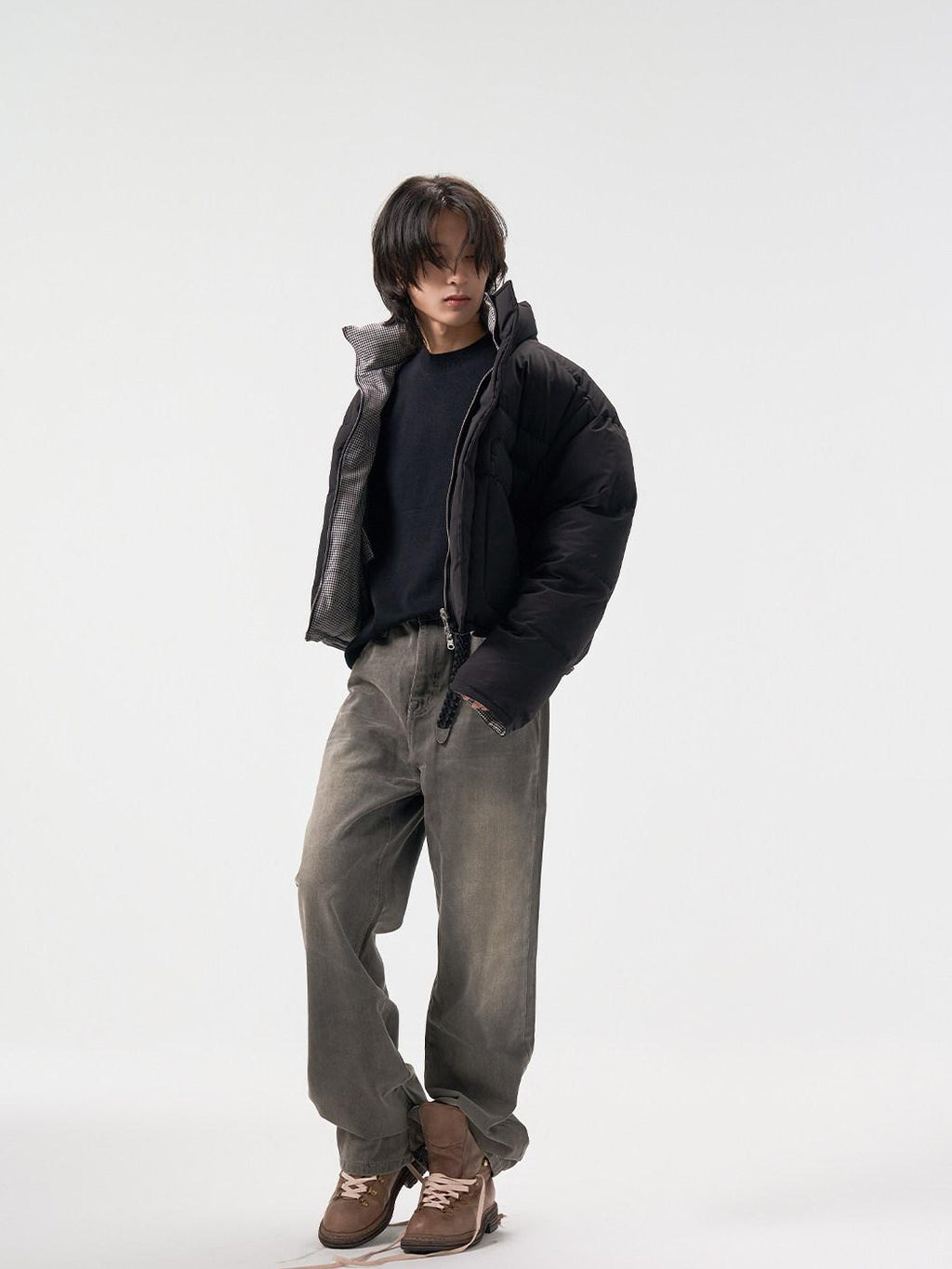 4JUNKS 90 Percent White Duck Down Short Houndstooth Stand Collar Men Black Down Jackets