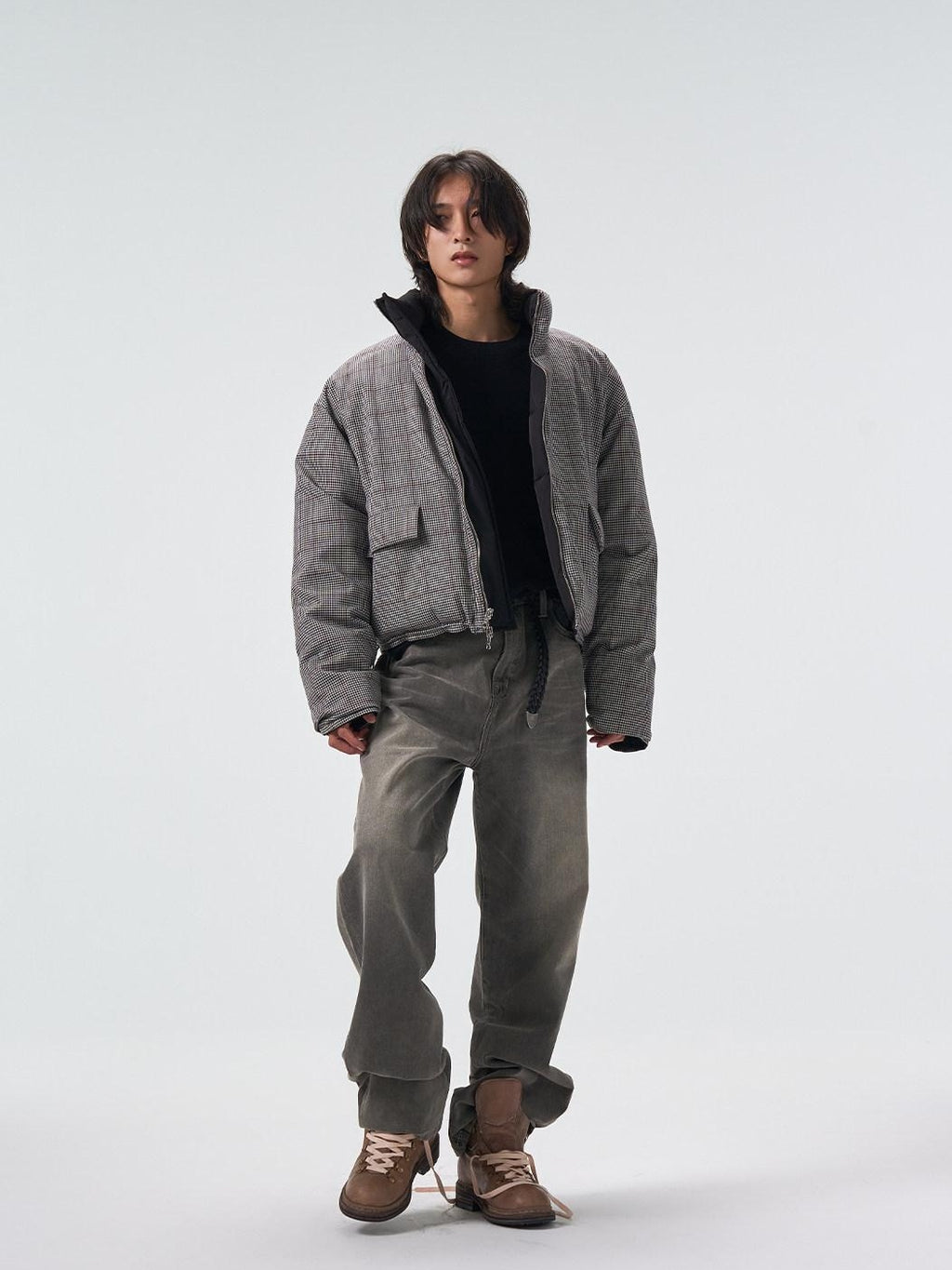 4JUNKS 90 Percent White Duck Down Short Houndstooth Stand Collar Men Black Down Jackets