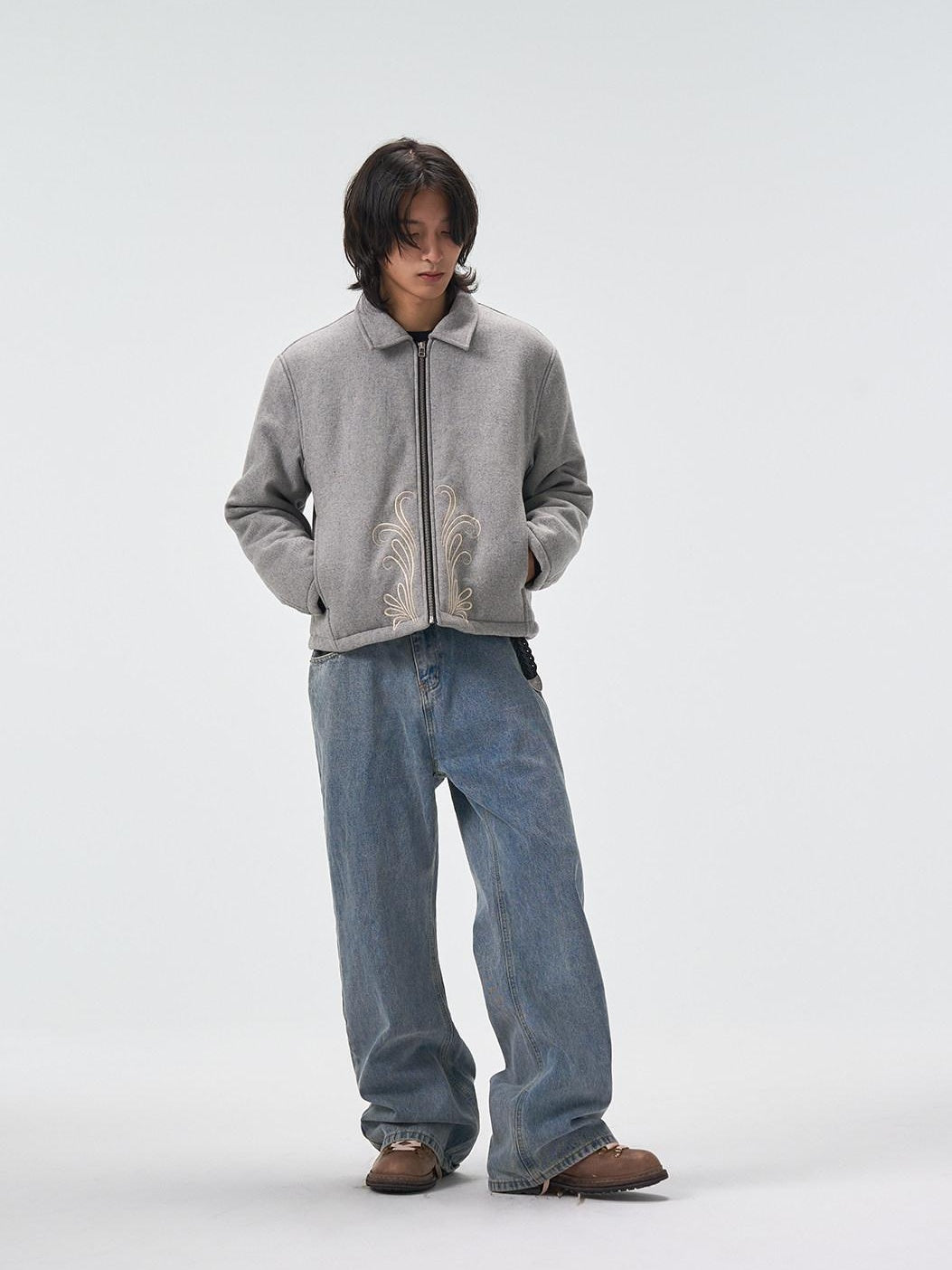 4JUNKS 90 Percent White Duck Down Warm Embroidered Workwear Short Men Gray Down Jackets