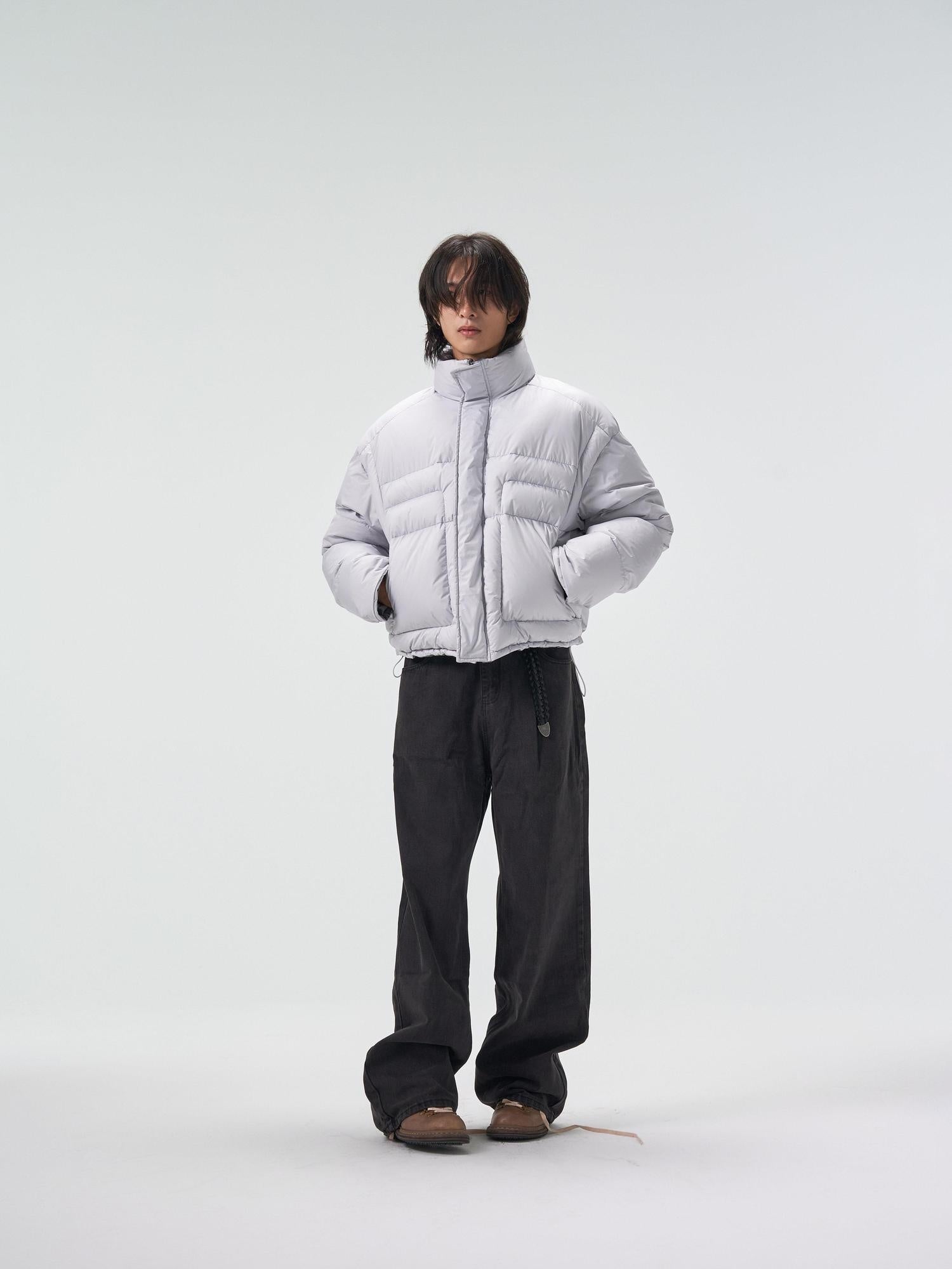 4JUNKS 90 Percent White Duck Down Warm Short Stand Collar Mens Solid Gray Down Jackets
