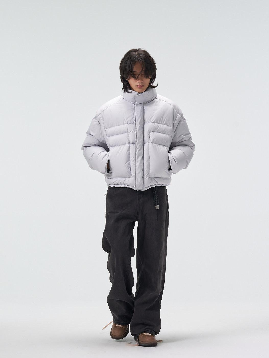4JUNKS 90 Percent White Duck Down Warm Short Stand Collar Mens Solid Gray Down Jackets