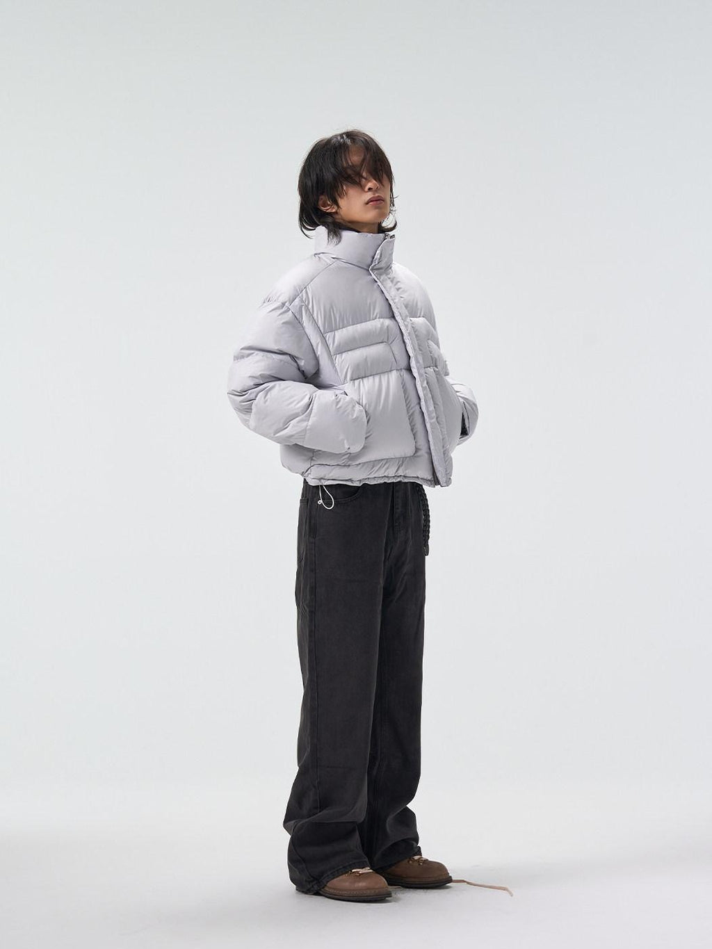 4JUNKS 90 Percent White Duck Down Warm Short Stand Collar Mens Solid Gray Down Jackets