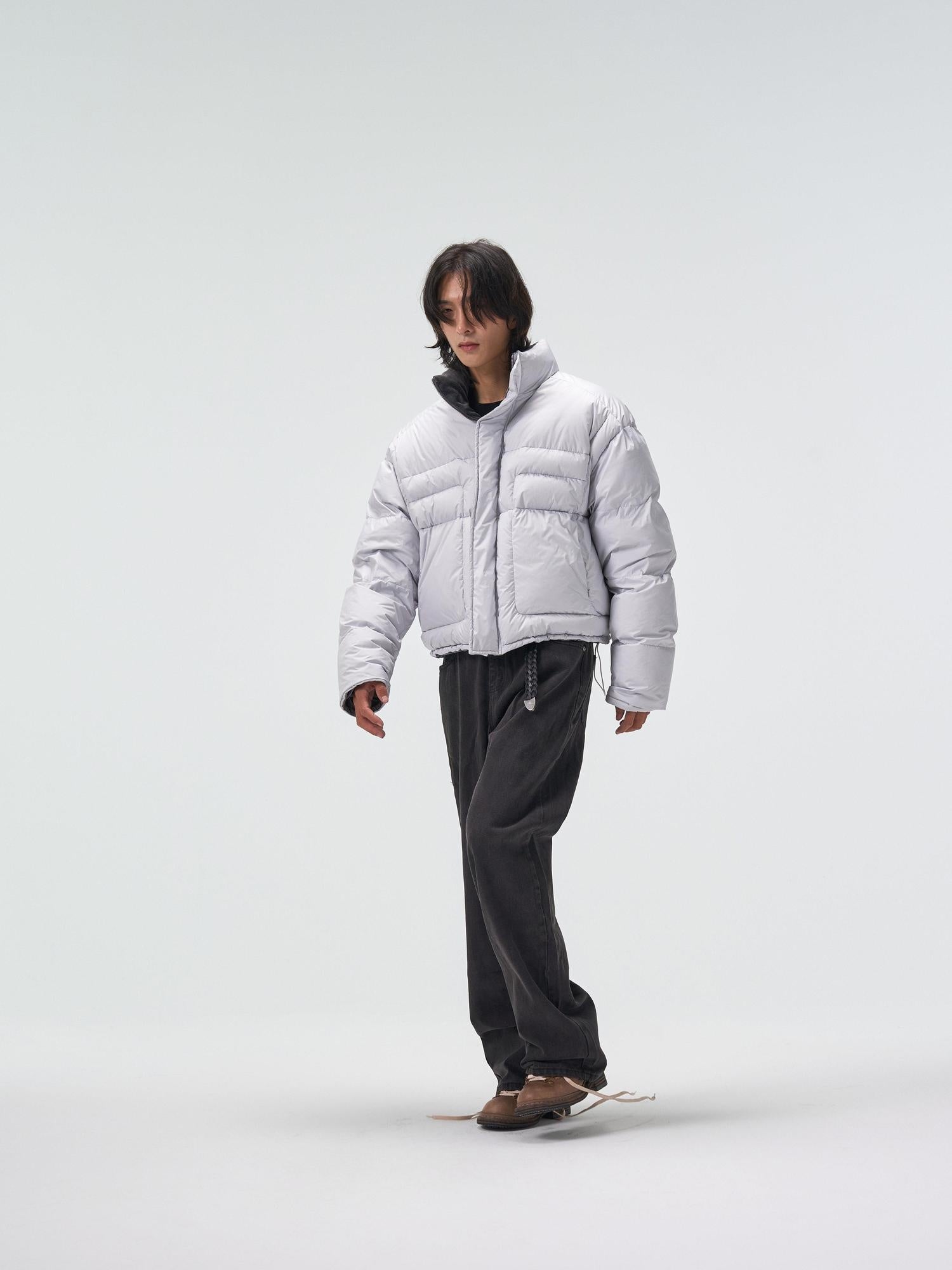 4JUNKS 90 Percent White Duck Down Warm Short Stand Collar Mens Solid Gray Down Jackets