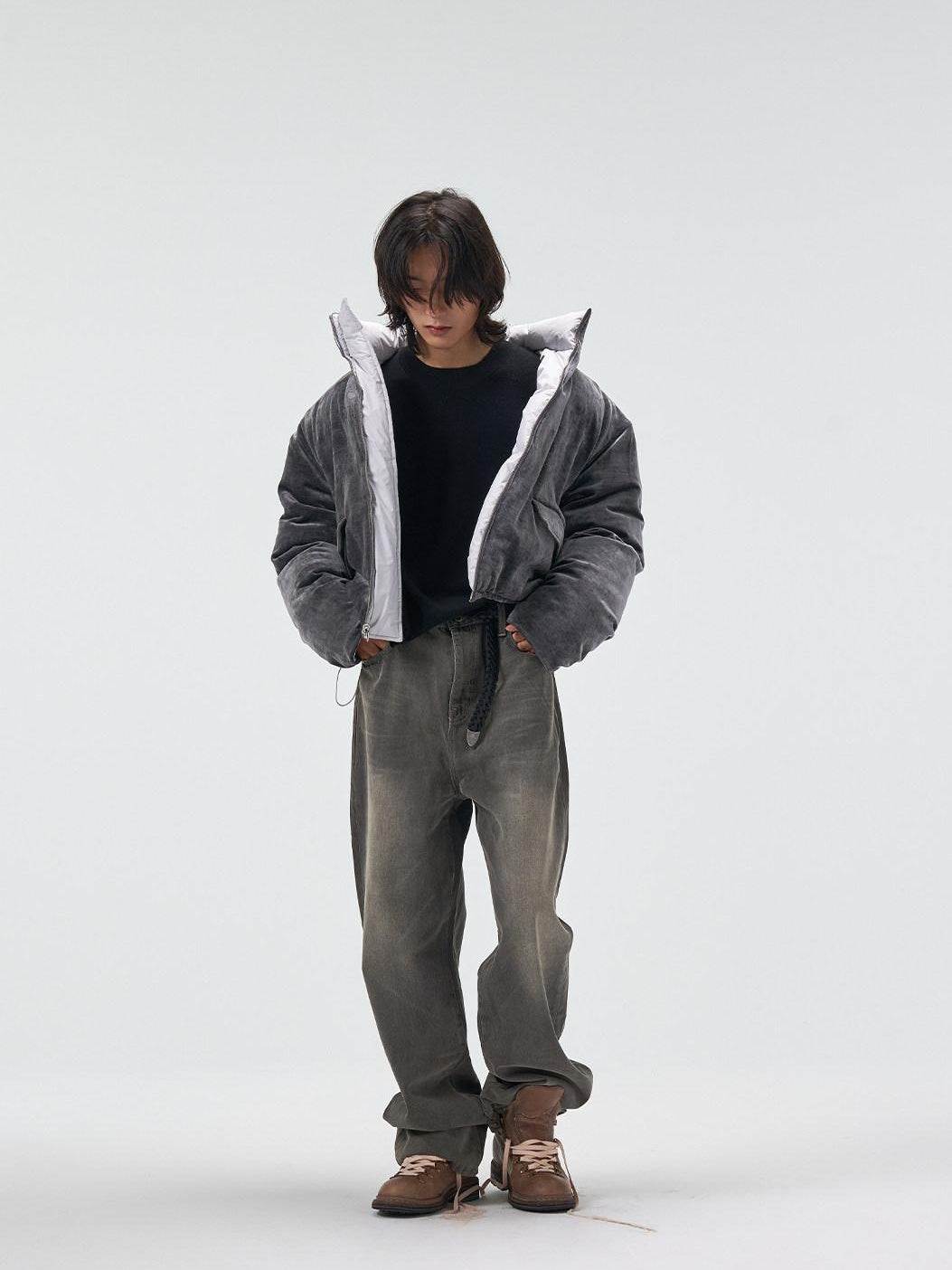 4JUNKS 90 Percent White Duck Down Warm Short Stand Collar Mens Solid Gray Down Jackets