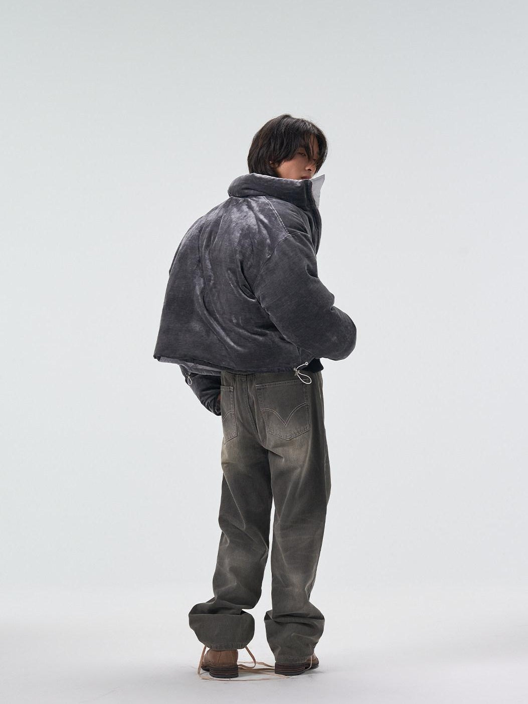 4JUNKS 90 Percent White Duck Down Warm Short Stand Collar Mens Solid Gray Down Jackets
