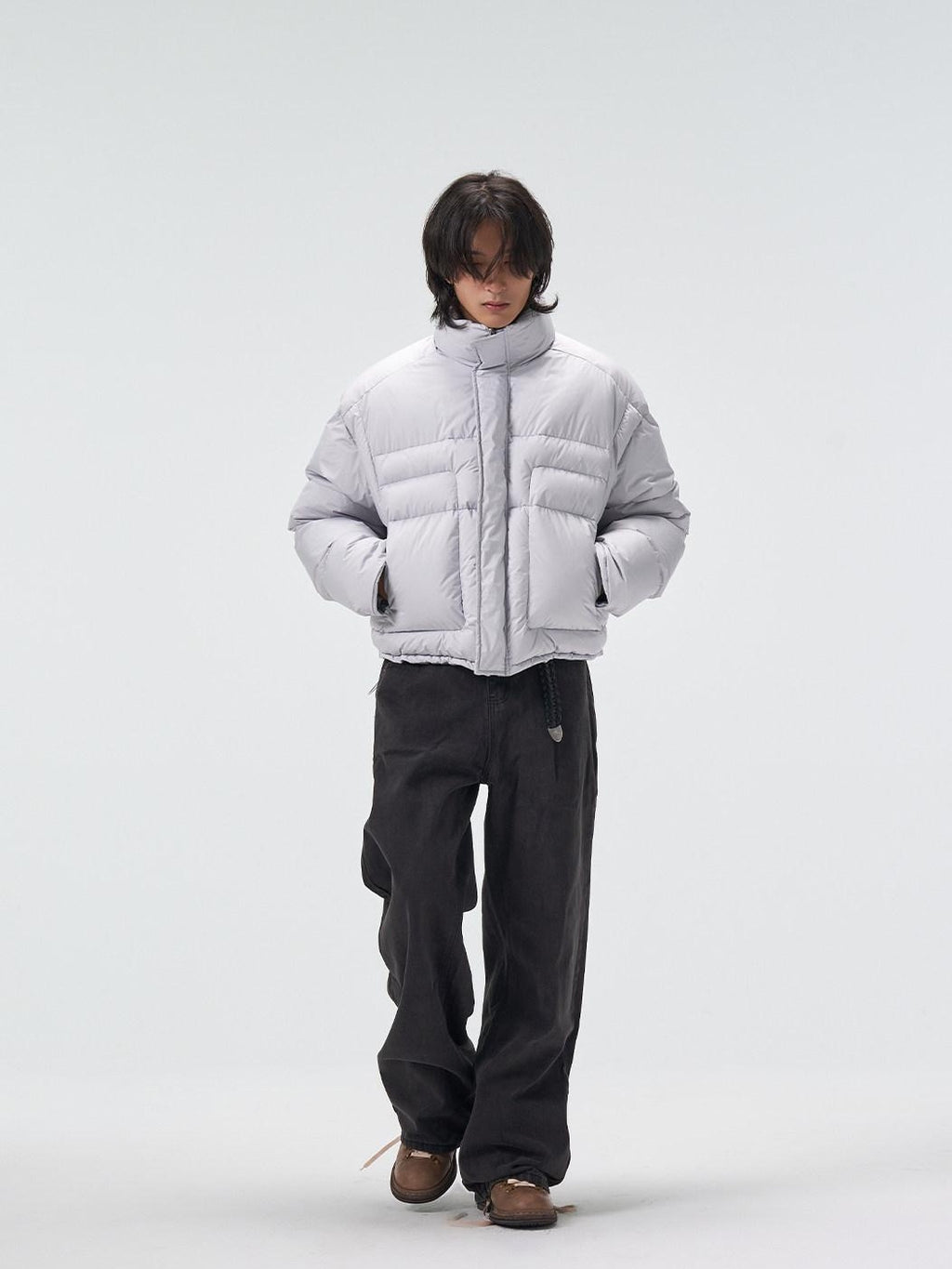 4JUNKS 90 White Duck Down Insulated Cropped Stand Collar Men Gray Velvet Down Jackets