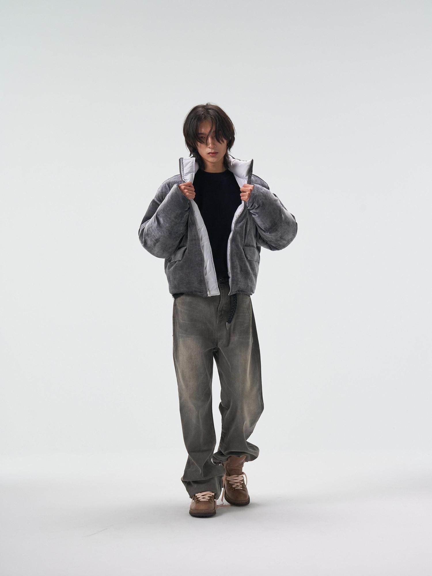 4JUNKS 90 White Duck Down Insulated Cropped Stand Collar Men Gray Velvet Down Jackets