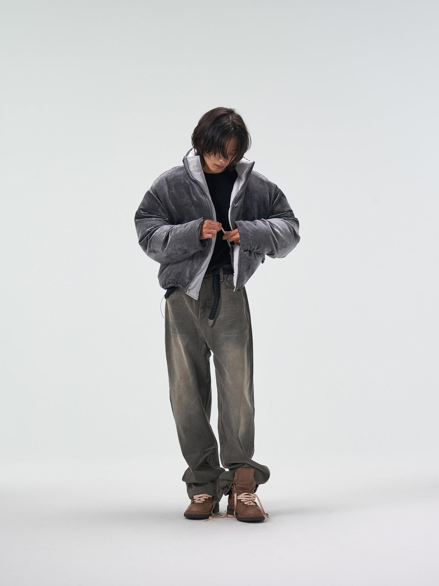 4JUNKS 90 White Duck Down Insulated Cropped Stand Collar Men Gray Velvet Down Jackets