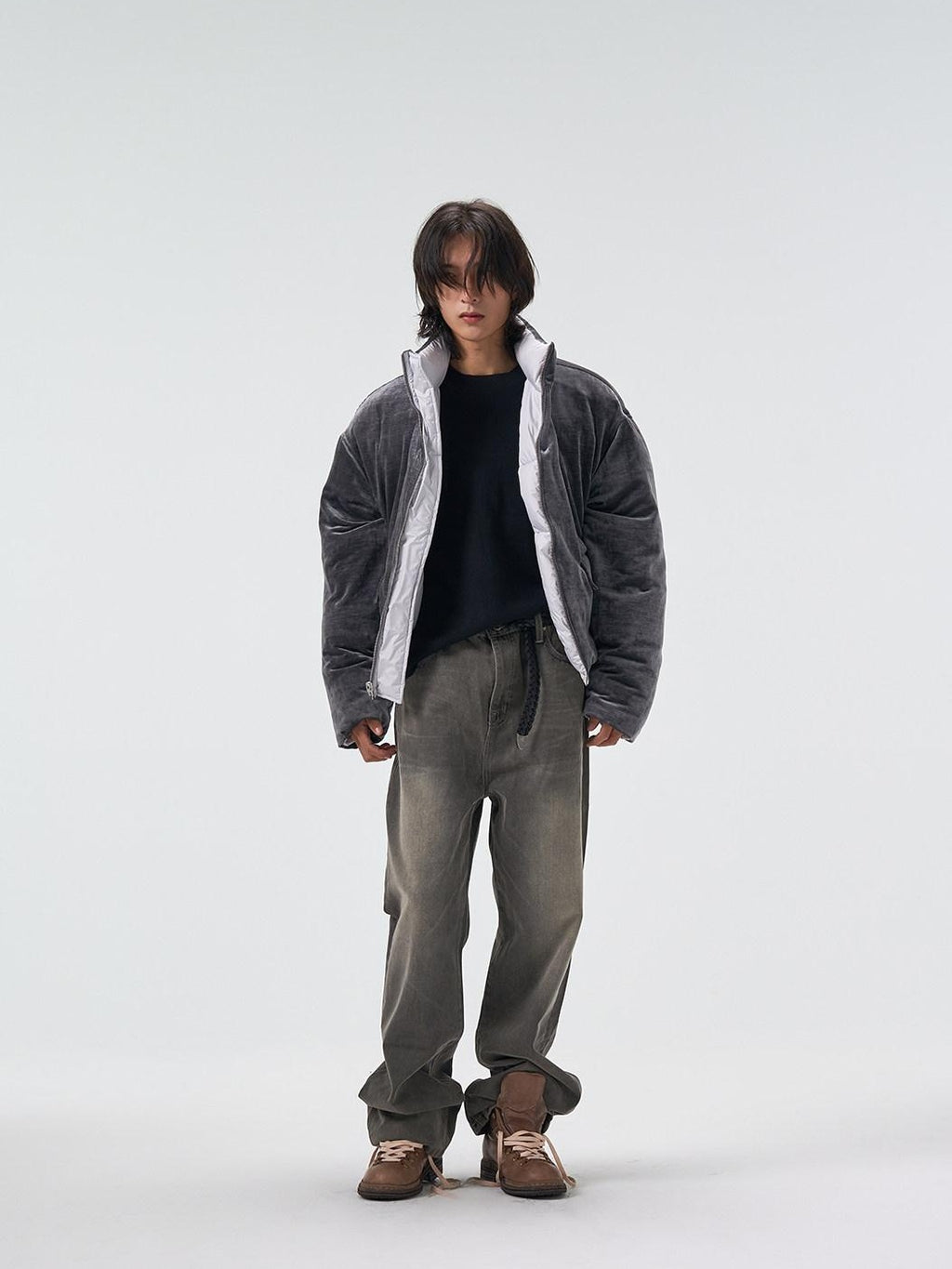 4JUNKS 90 White Duck Down Insulated Cropped Stand Collar Men Gray Velvet Down Jackets