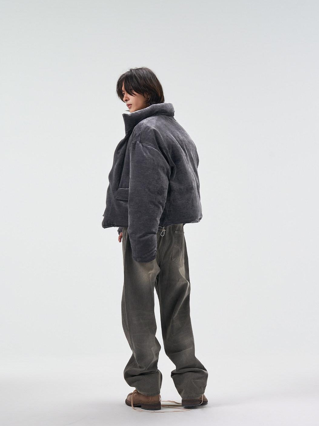 4JUNKS 90 White Duck Down Insulated Cropped Stand Collar Men Gray Velvet Down Jackets