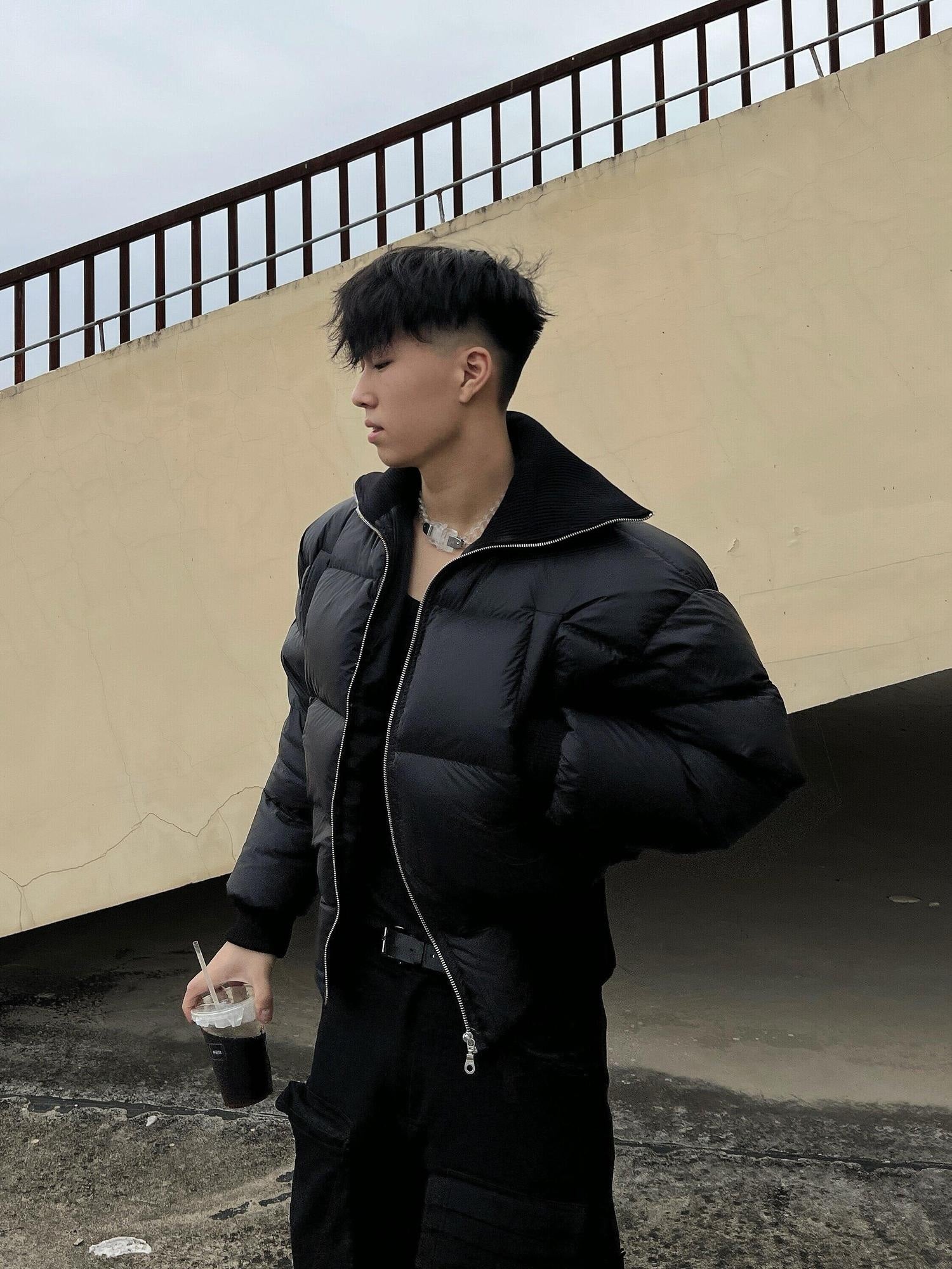 4JUNKS 95% White Duck Down 500G Thick Ribbed Hem Slim Youth Black Nylon Down Jackets