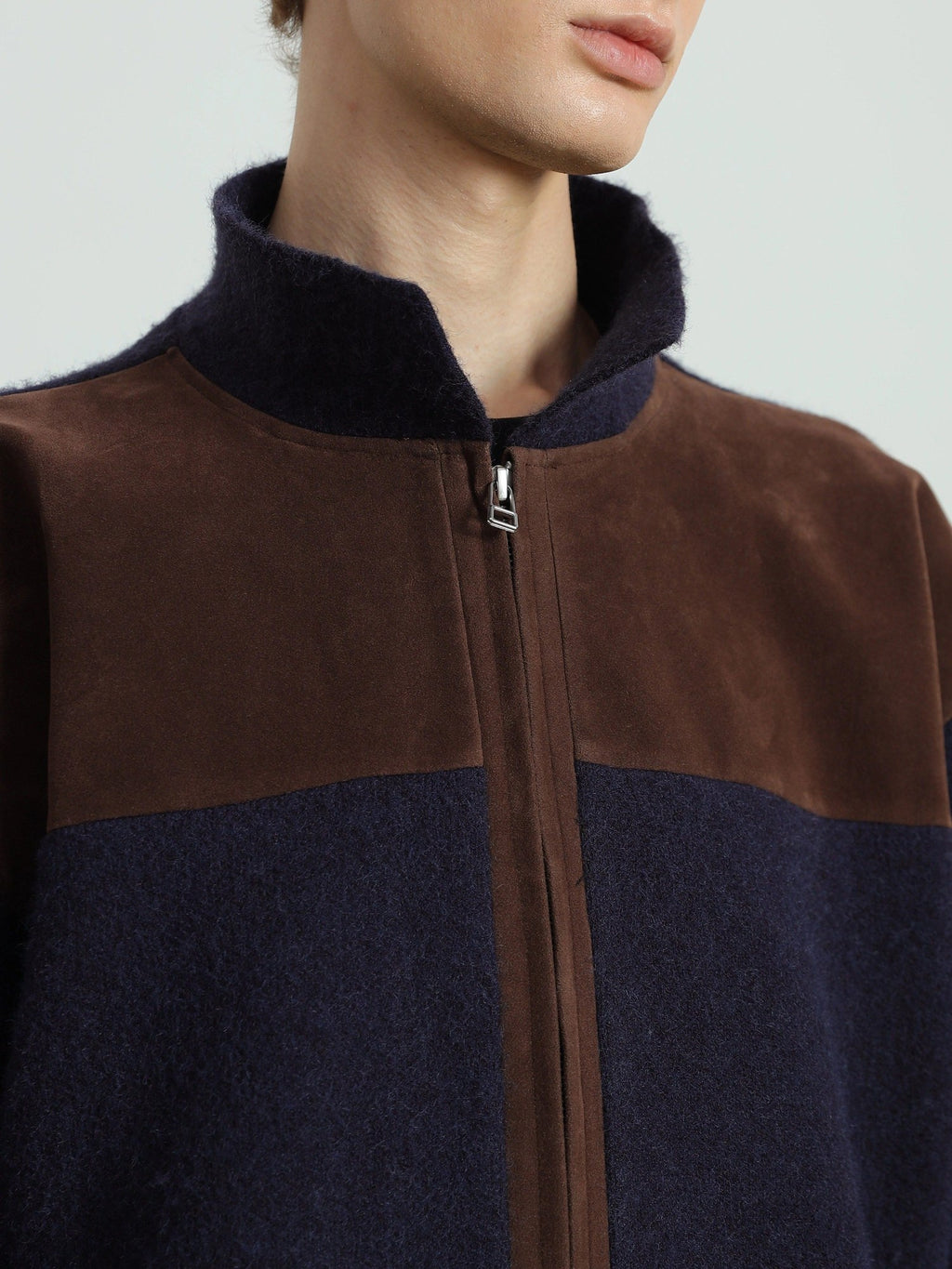 4JUNKS Colorblock Suede Loose Fit Lapel Long Sleeve Unisex Knitted Cropped Jackets