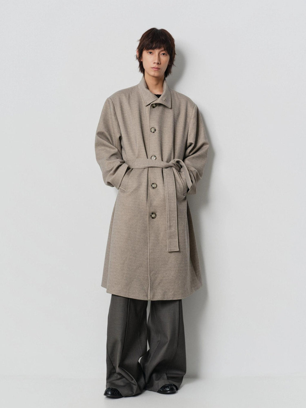 4JUNKS Cozy Wool Blend Oversized Lapel Khaki Casual Youthful Outerwear Long Coats