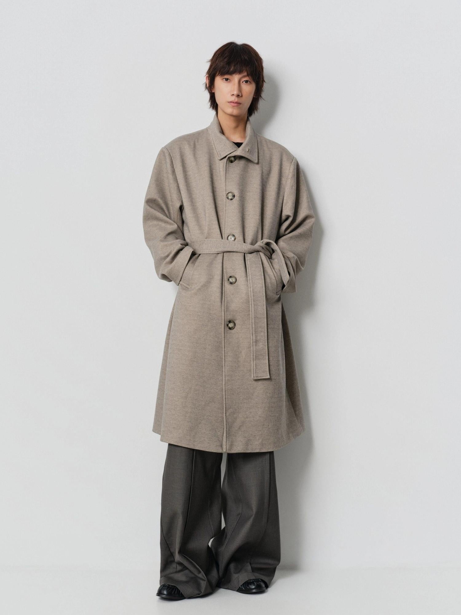 4JUNKS Cozy Wool Blend Oversized Lapel Khaki Casual Youthful Outerwear Long Coats