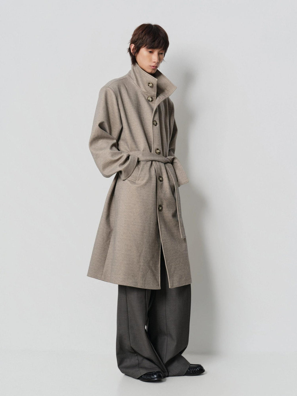 4JUNKS Cozy Wool Blend Oversized Lapel Khaki Casual Youthful Outerwear Long Coats