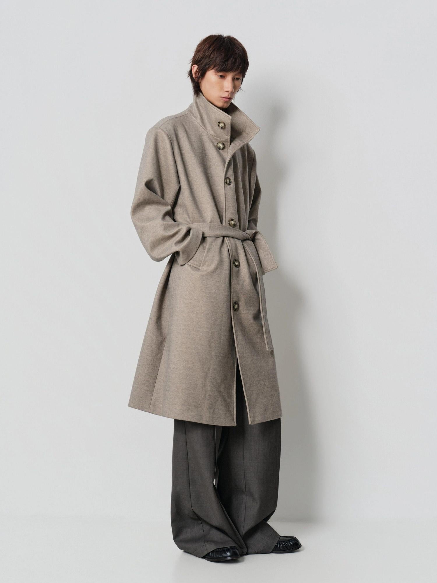 4JUNKS Cozy Wool Blend Oversized Lapel Khaki Casual Youthful Outerwear Long Coats