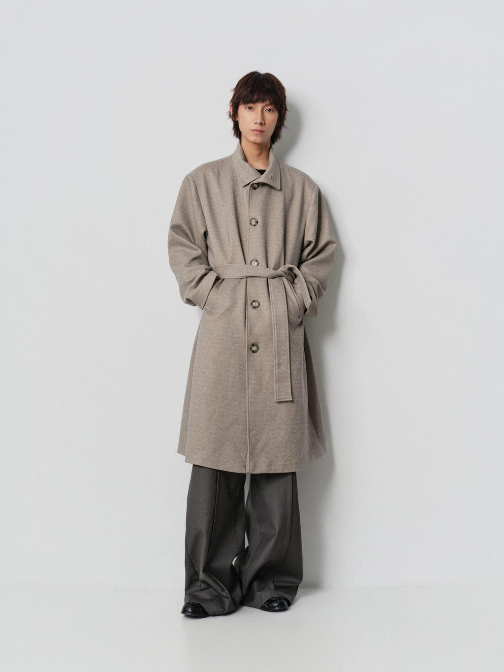 4JUNKS Cozy Wool Blend Oversized Lapel Khaki Casual Youthful Outerwear Long Coats