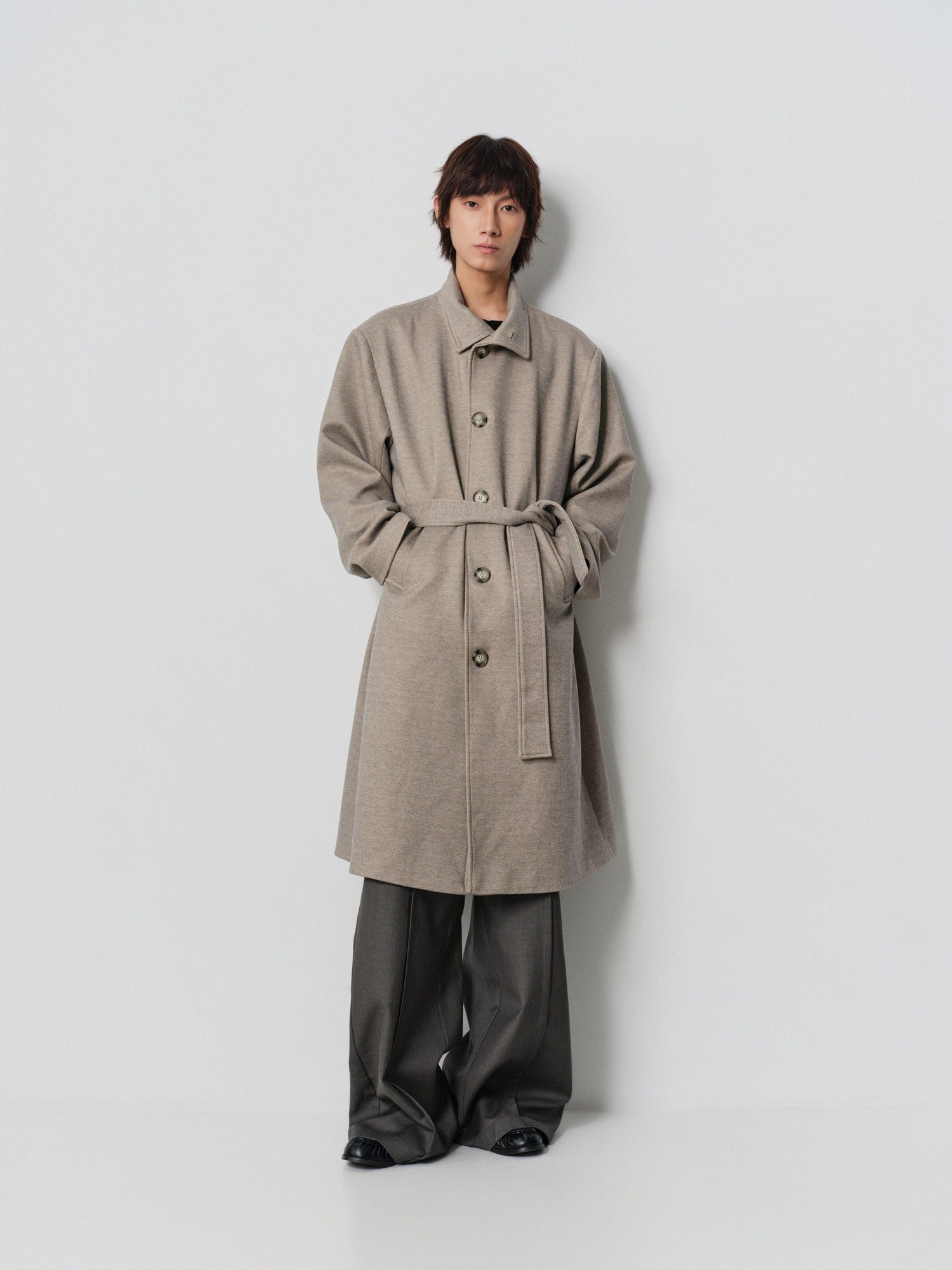 4JUNKS Cozy Wool Blend Oversized Lapel Khaki Casual Youthful Outerwear Long Coats