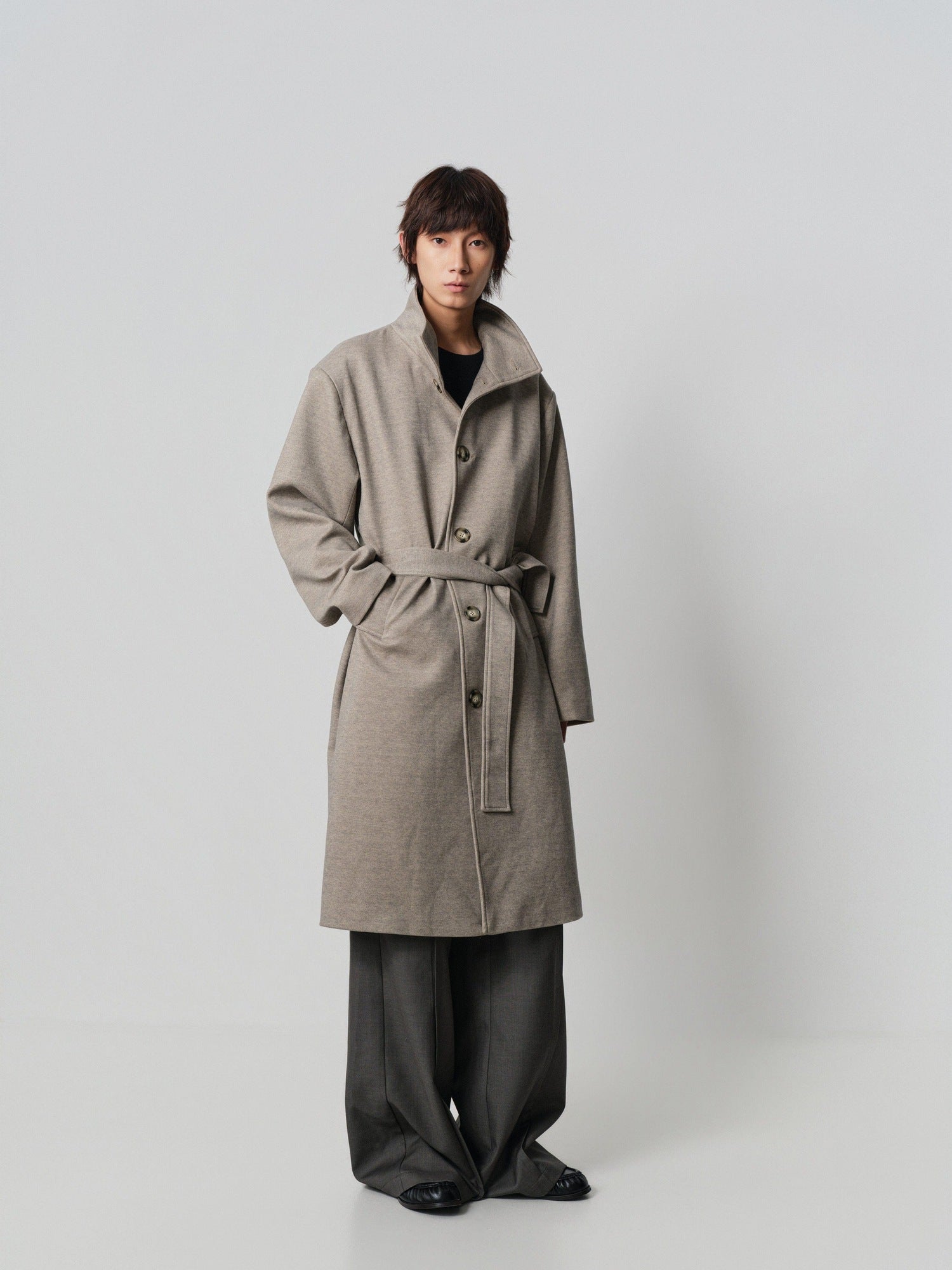 4JUNKS Cozy Wool Blend Oversized Lapel Khaki Casual Youthful Outerwear Long Coats
