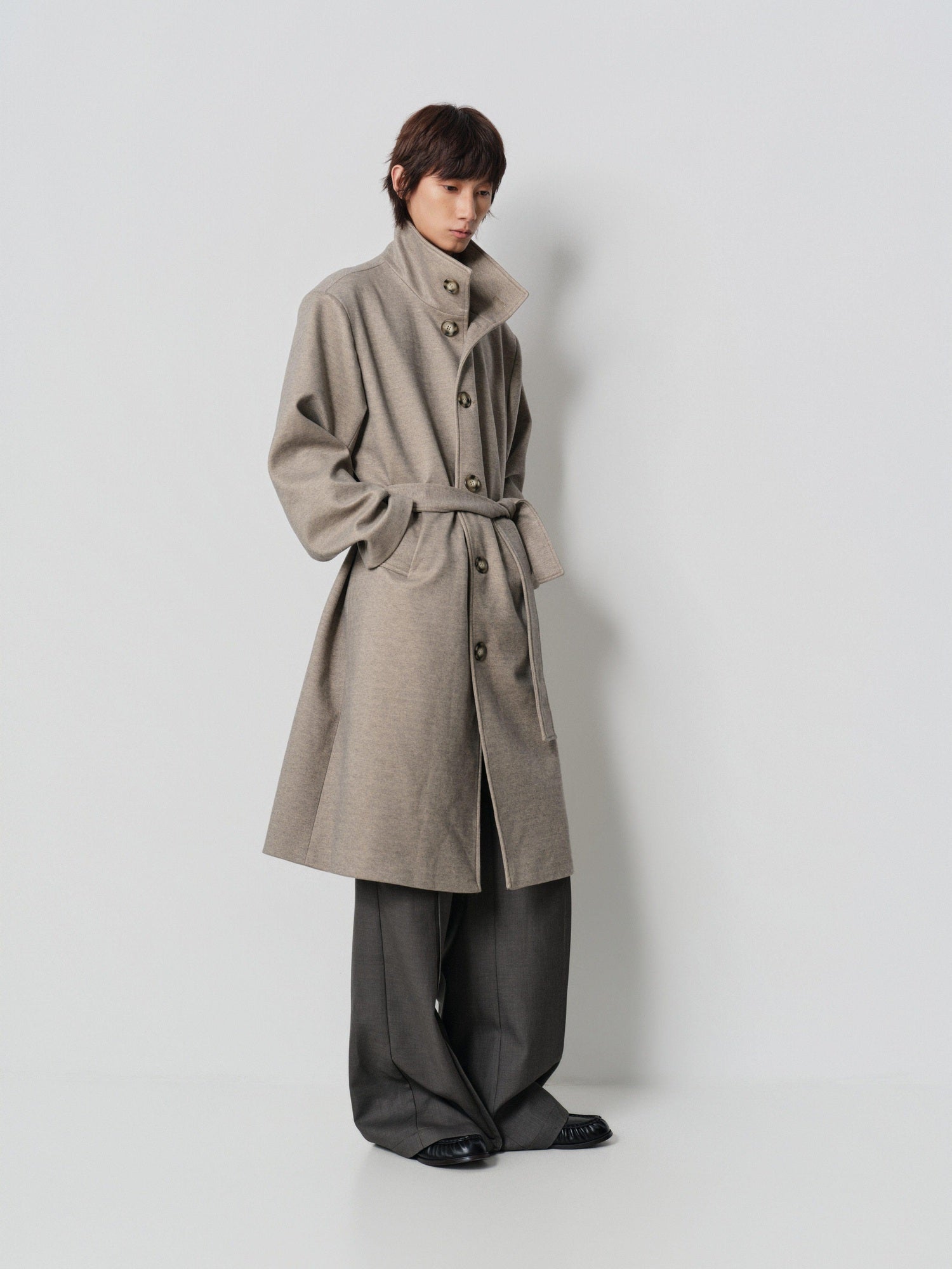4JUNKS Cozy Wool Blend Oversized Lapel Khaki Casual Youthful Outerwear Long Coats