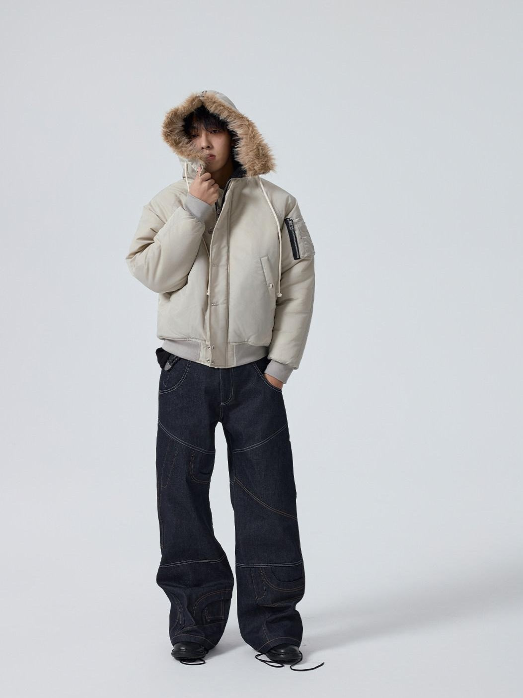 4JUNKS Detachable Collar Thick Hooded Short Cleanfit Youthful Black Grey Puffer Jackets