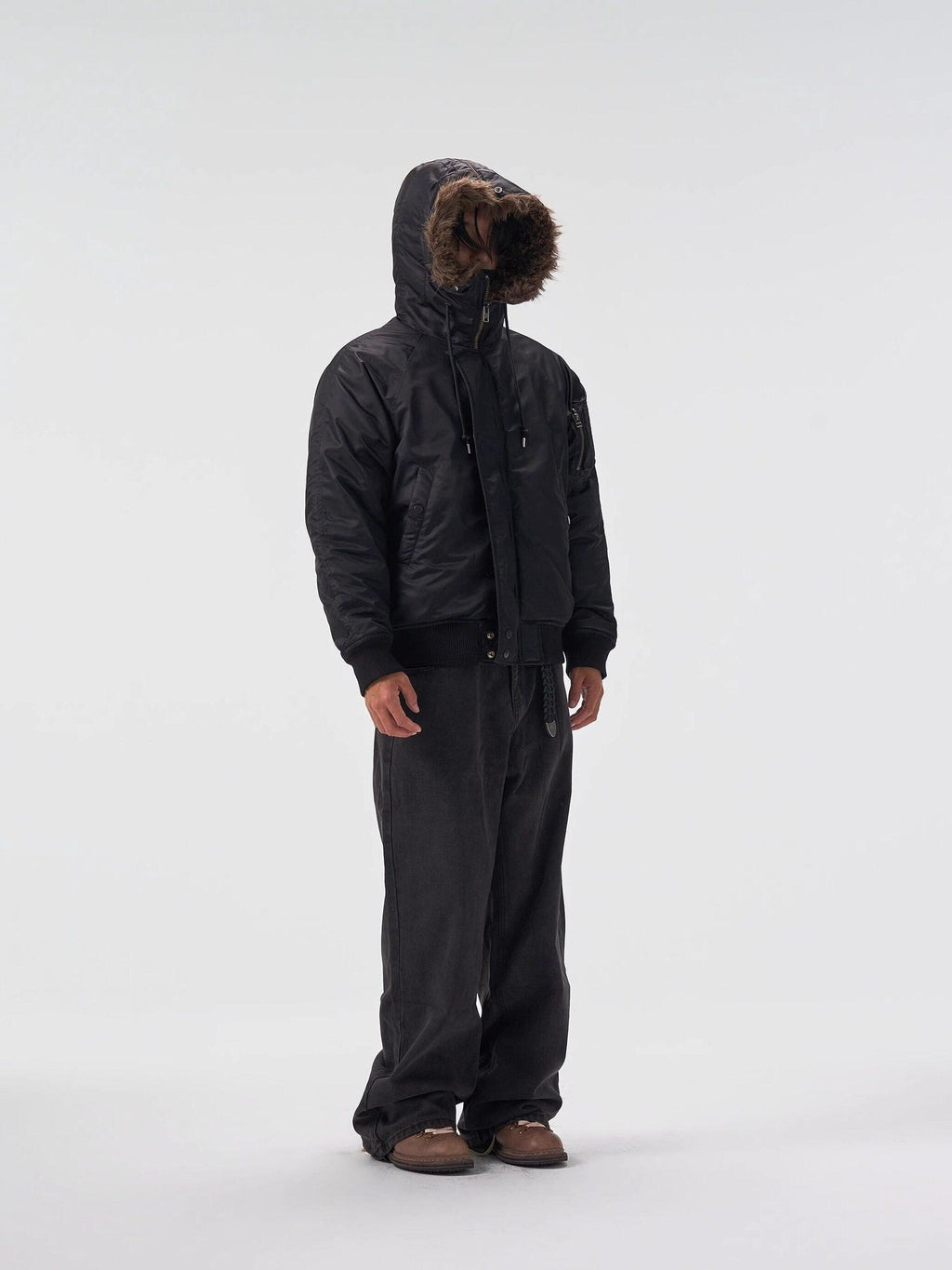 4JUNKS Detachable Collar Thick Hooded Short Cleanfit Youthful Black Grey Puffer Jackets