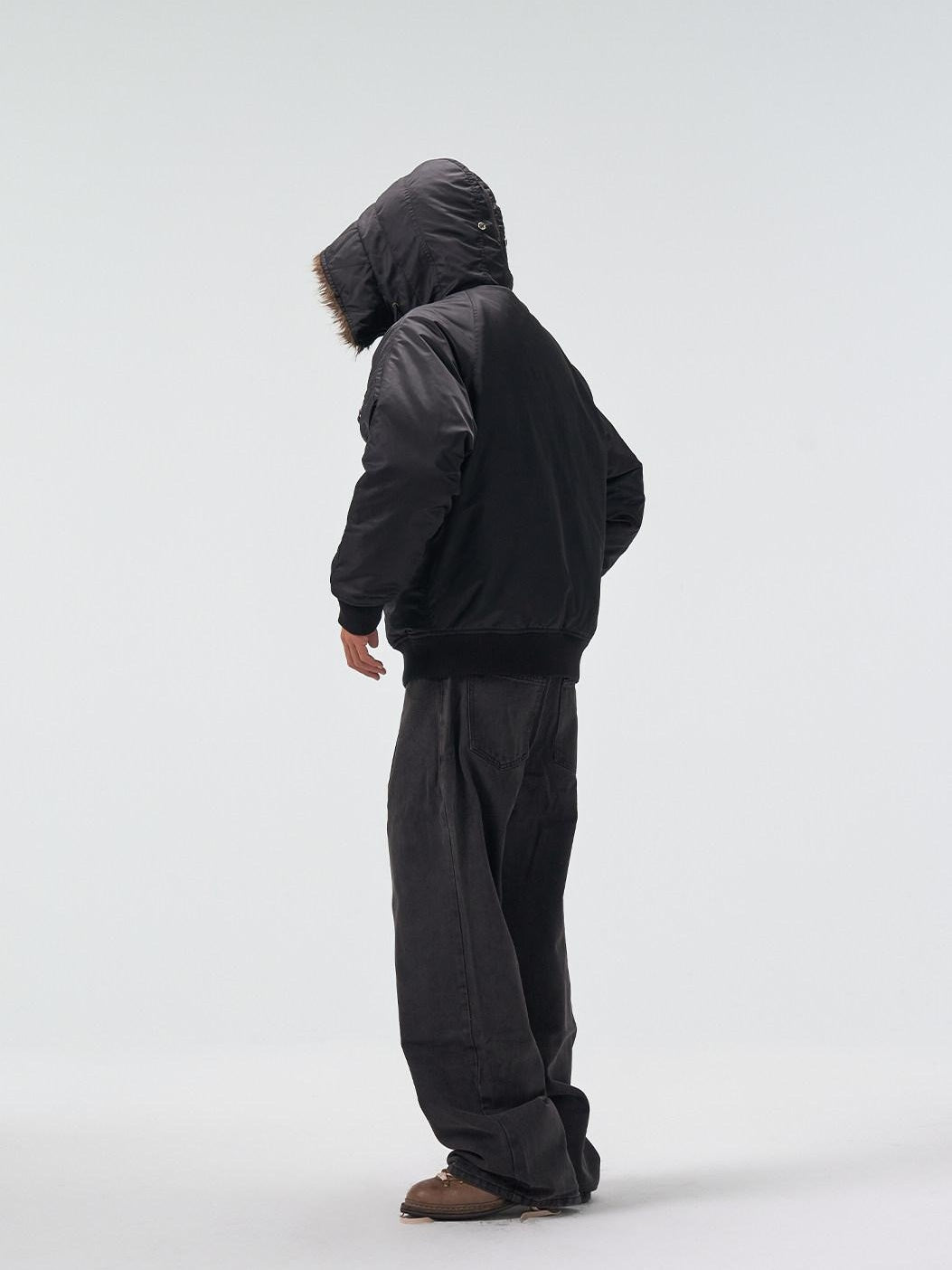 4JUNKS Detachable Collar Thick Hooded Short Cleanfit Youthful Black Grey Puffer Jackets