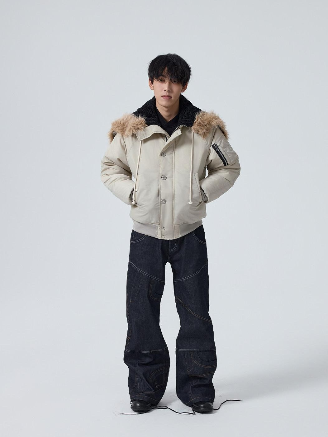 4JUNKS Detachable Collar Thick Hooded Short Cleanfit Youthful Black Grey Puffer Jackets