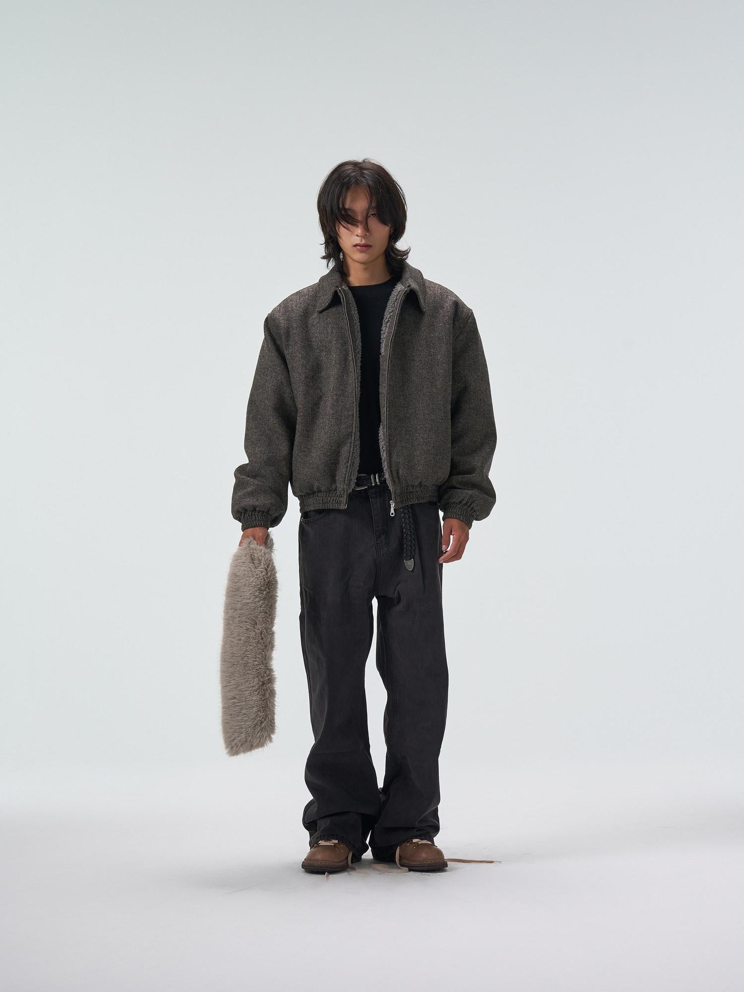 4JUNKS Detachable Fleece Lined Thick Gray Short Unisex Polyester Wool Cropped Jackets