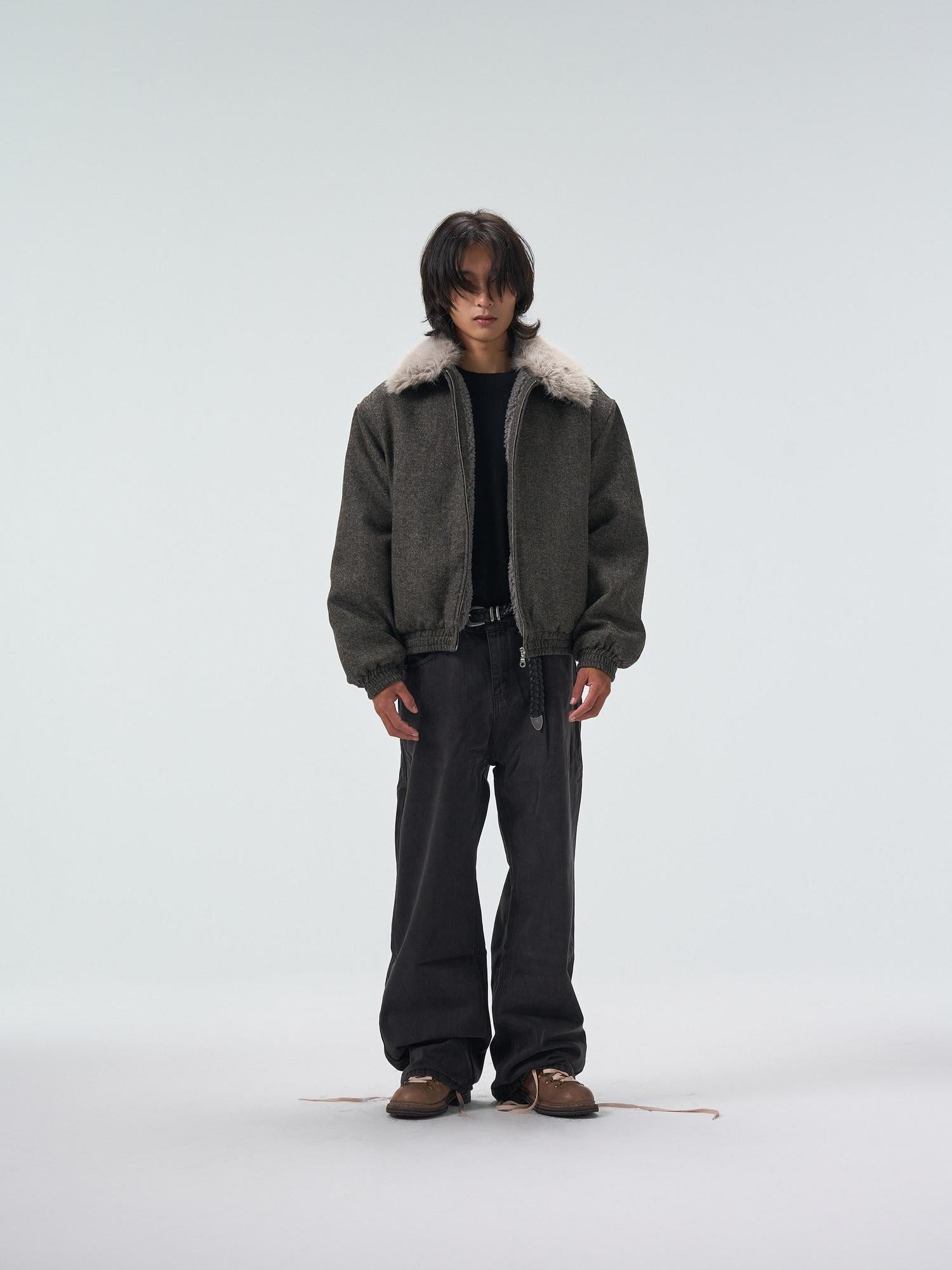 4JUNKS Detachable Fleece Lined Thick Gray Short Unisex Polyester Wool Cropped Jackets