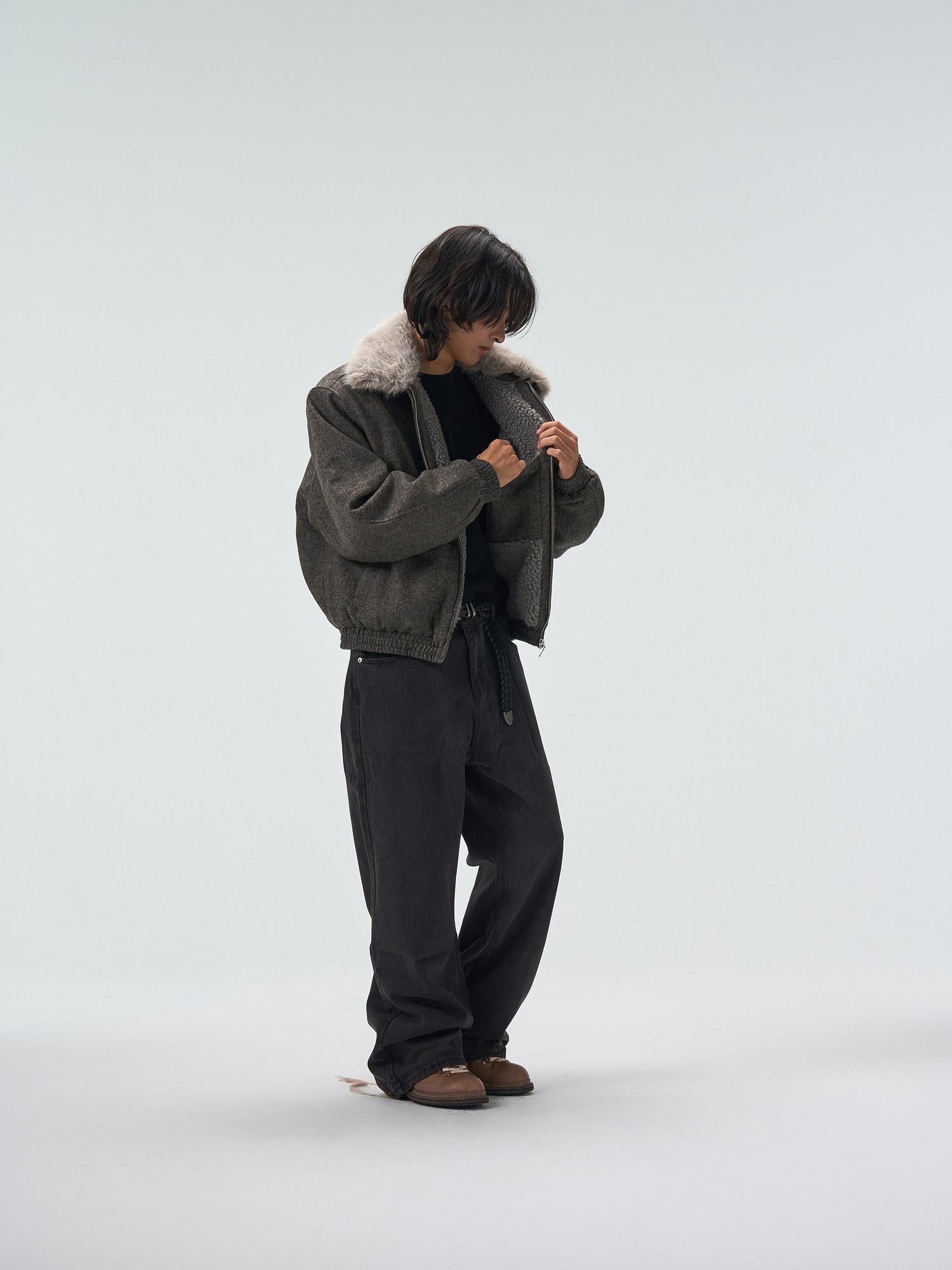 4JUNKS Detachable Fleece Lined Thick Gray Short Unisex Polyester Wool Cropped Jackets
