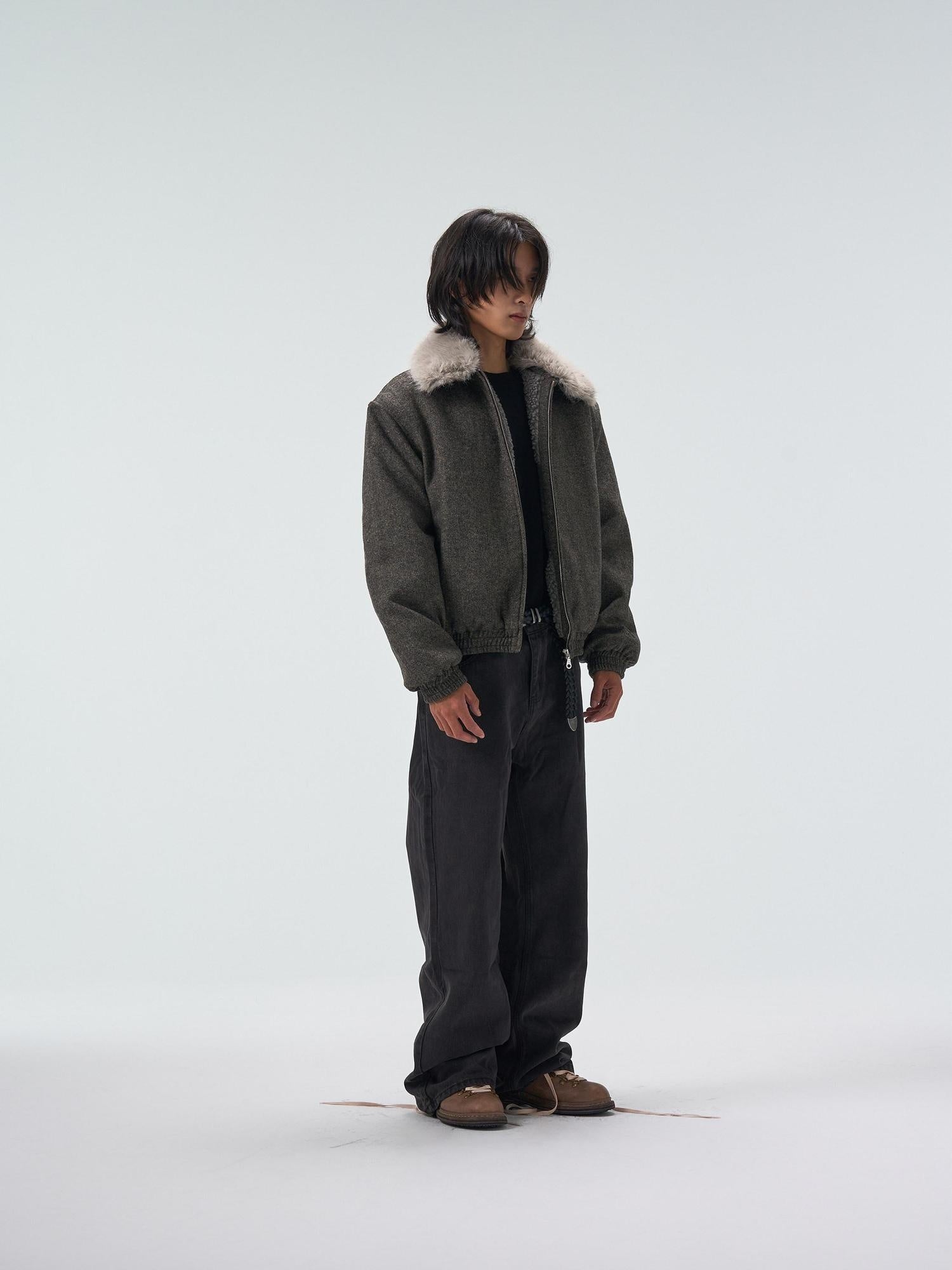 4JUNKS Detachable Fleece Lined Thick Gray Short Unisex Polyester Wool Cropped Jackets